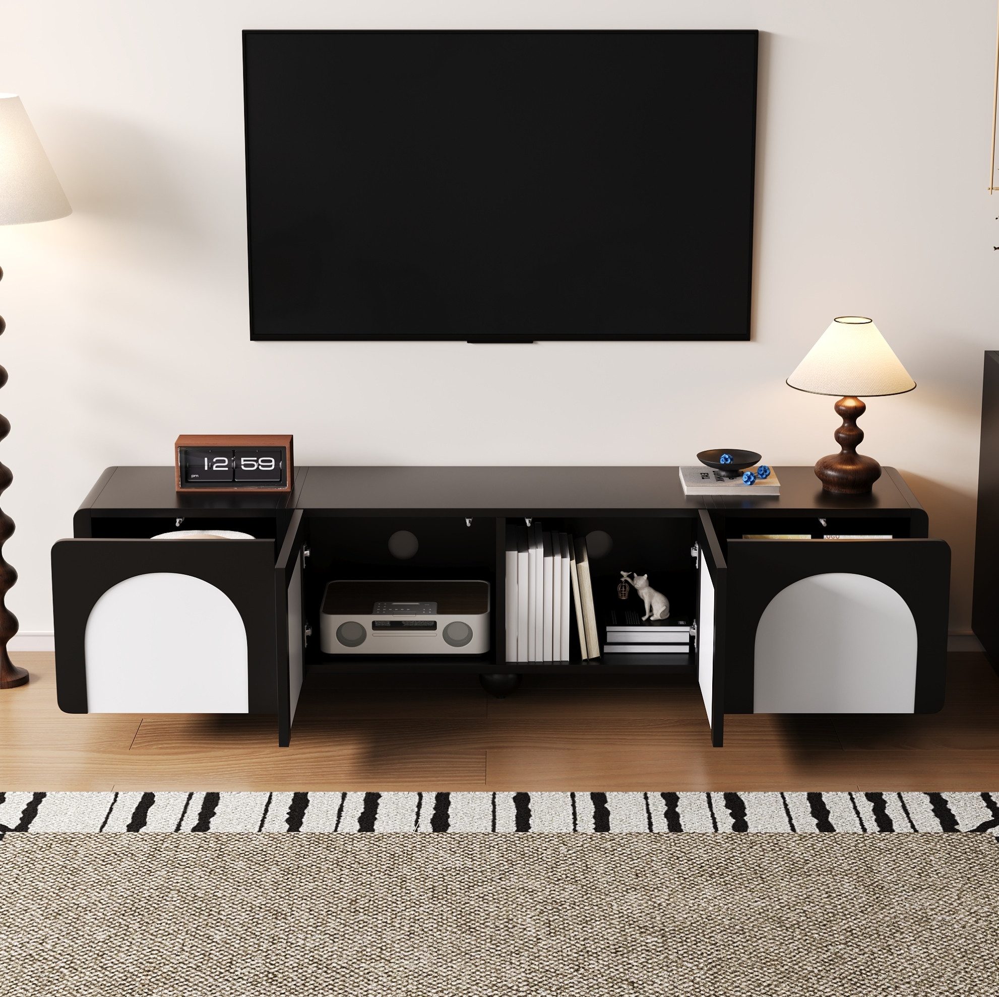 REDOM TV-Schrank Modernes Lowboard in Schwarz-Weiß-Optik (Packung, 1-St., 180×45×38 cm, Kabeldurchführung) mattschwarz, weiße gewölbte Türen