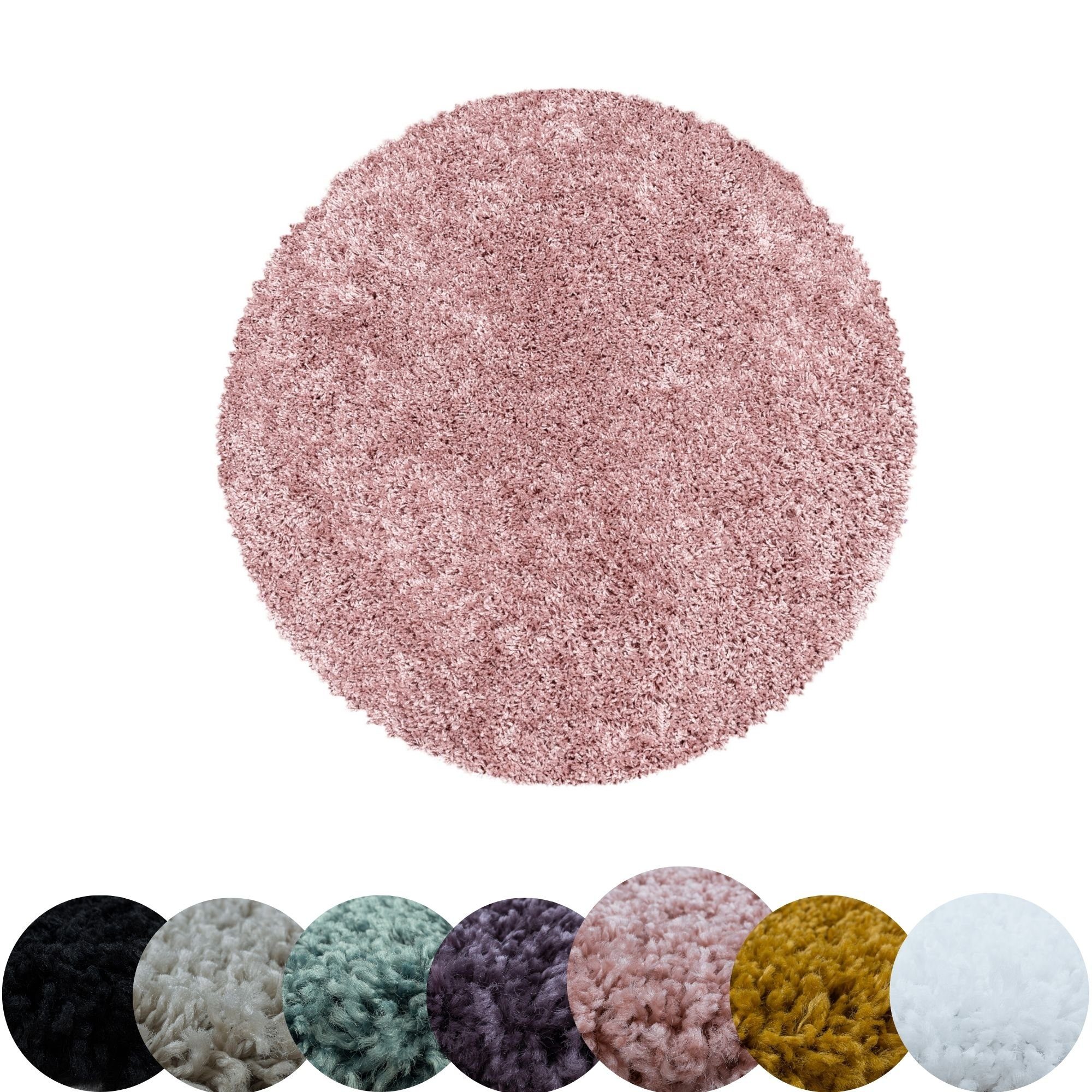 Teppich Unicolor - Einfarbig, HomebyHome, Rund, Höhe: 30 mm, Einfarbig Runder Teppich Wohnzimmer Shaggy versch. farben und größen Rosa | Hochflor-Teppiche