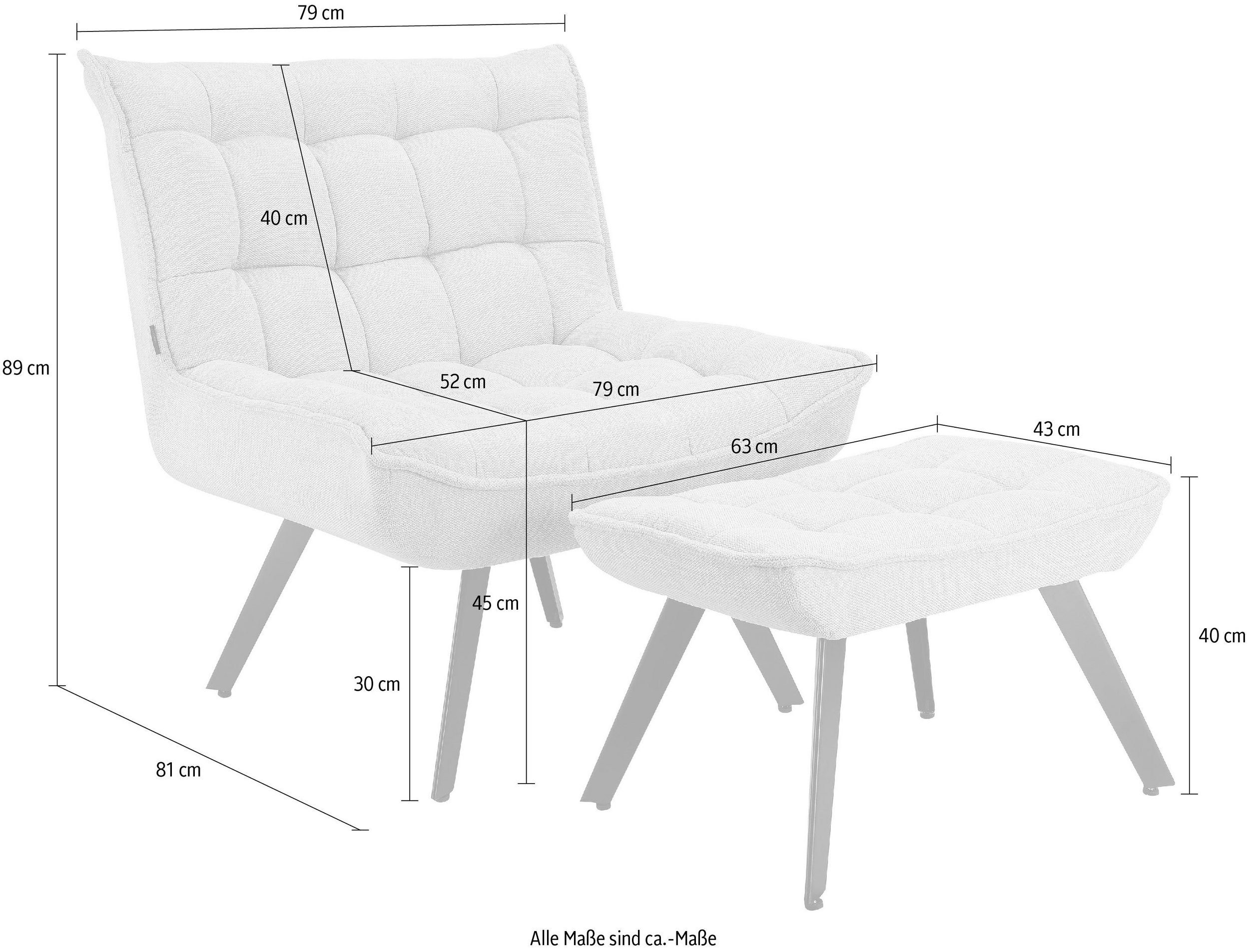 mit Loungesessel Knopfheftung, loft24 Webstoff curry Bezug Metallgestell mit Hocker, Ebony,