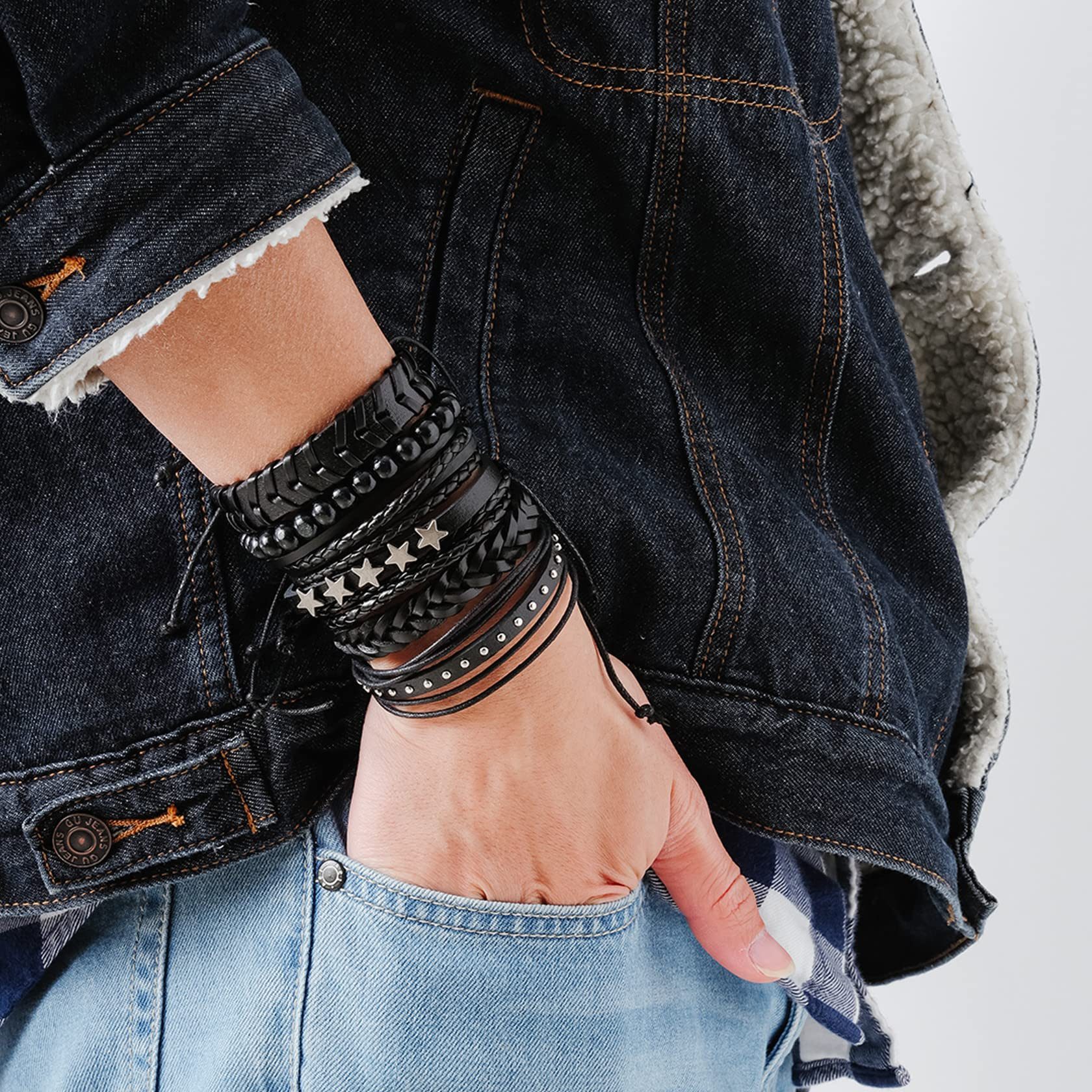 Coonoor Leather Bracelet Set 6-Piece Punk Bracelet Set for Men, Black Leather Bracelet, Gothic Braided Bangle