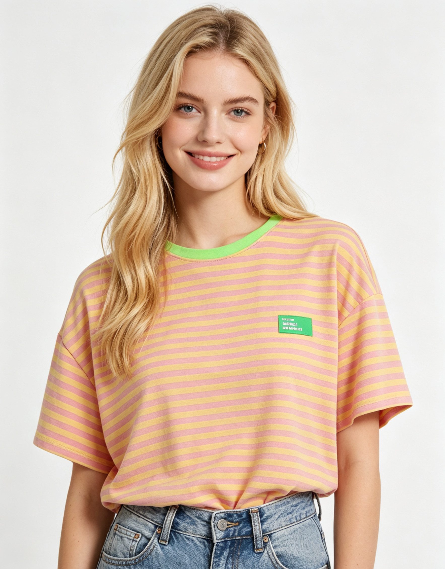 MIRROSI Sweatshirt Damen Kurzarm T Shirt Oversize Neonfarben Streifenmuster Ringelshirt, One Size Passform (ca. Gr. 34–40); Made in Italy