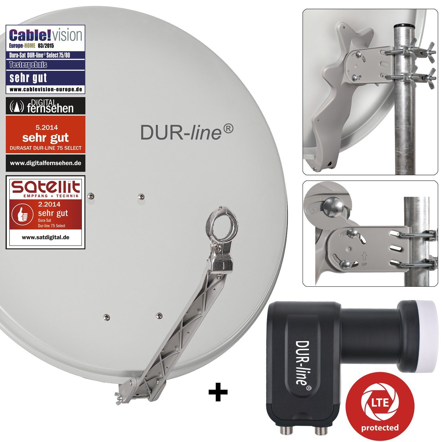 DUR-line DUR-line 2 Teilnehmer Set - Qualitäts-Alu-Satelliten-Komplettanlage - Sat-Spiegel