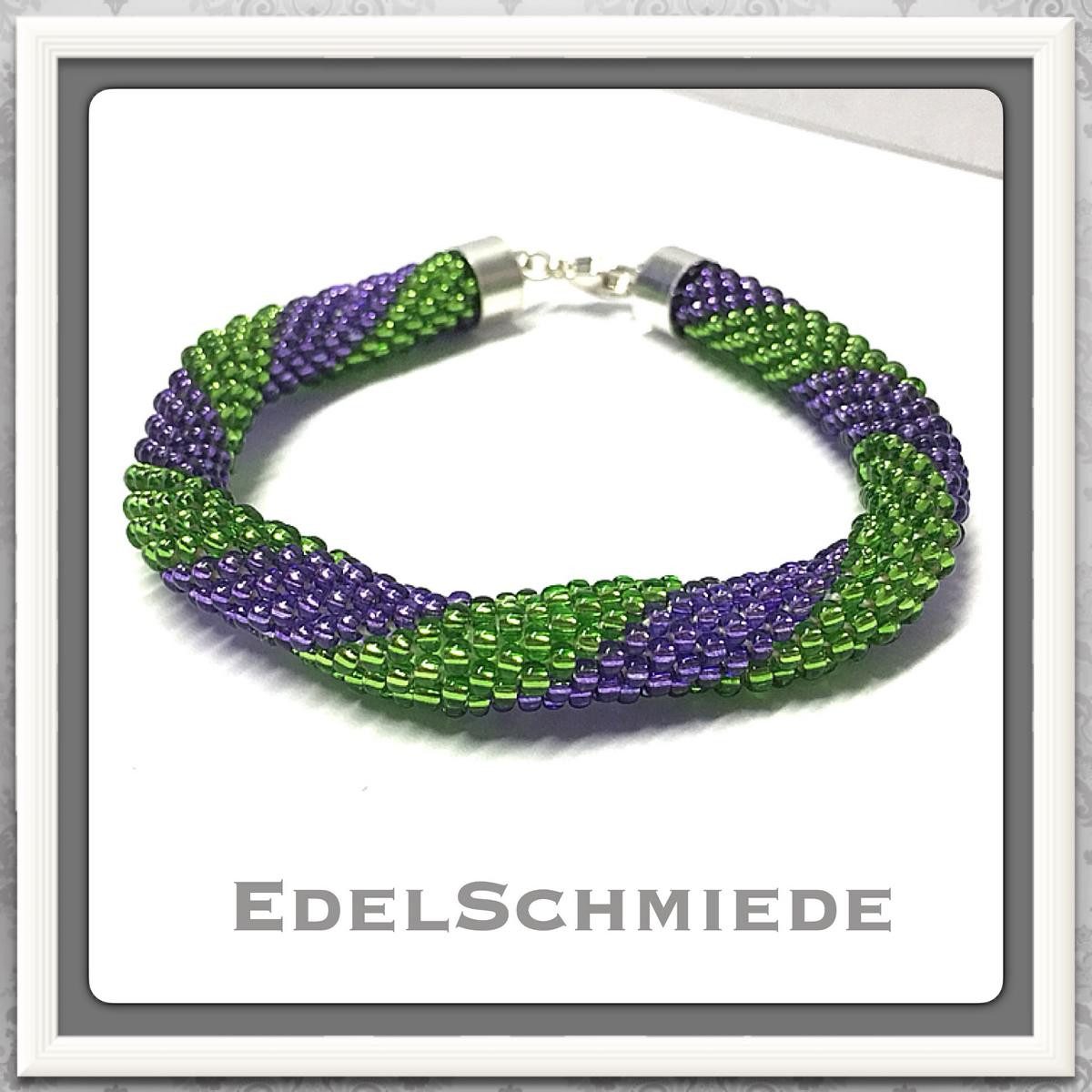 Armband Edelschmiede925 Häkelarmband aus Glasperlen grün - lila 925 Silber