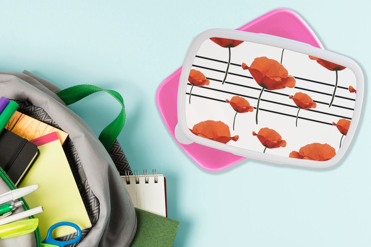 MuchoWow Lunchbox Musik für Mohn, Brotdose Kinder, - Erwachsene, (2-tlg), Kunststoff Brotbox Mädchen, Snackbox, Kunststoff, rosa