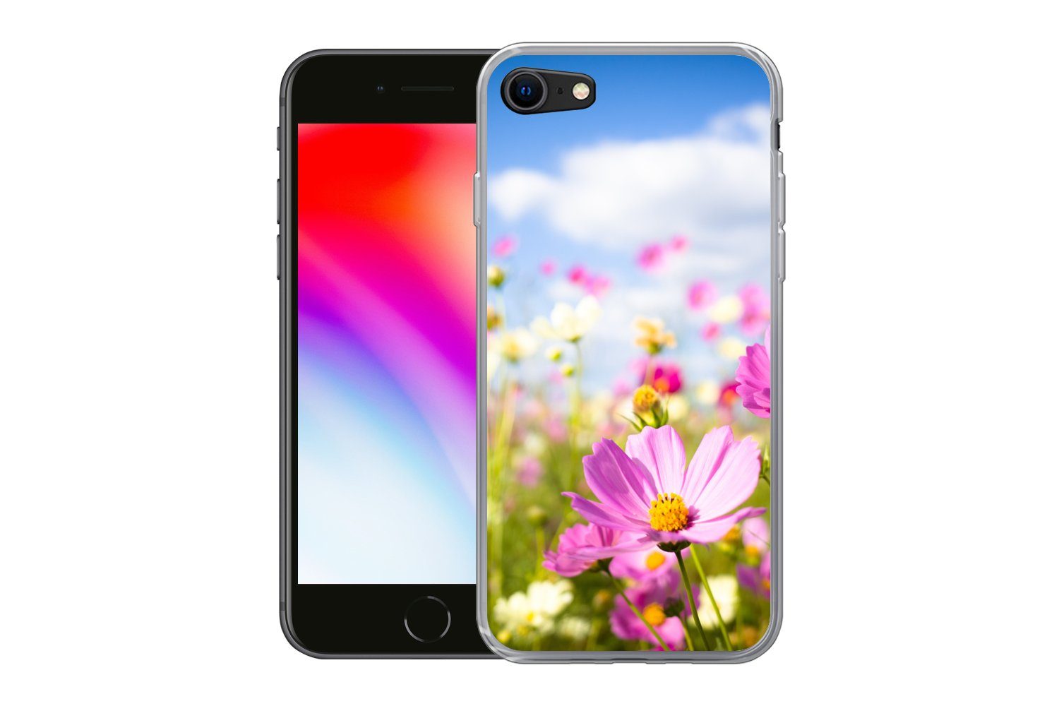 MuchoWow Handyhülle für Apple iPhone 8 Blumen - Wiese - Lila - Gras - Weiß - Wolken - Blau, Smartphone-Bumper, Print, Handy Schutzhülle Dünn