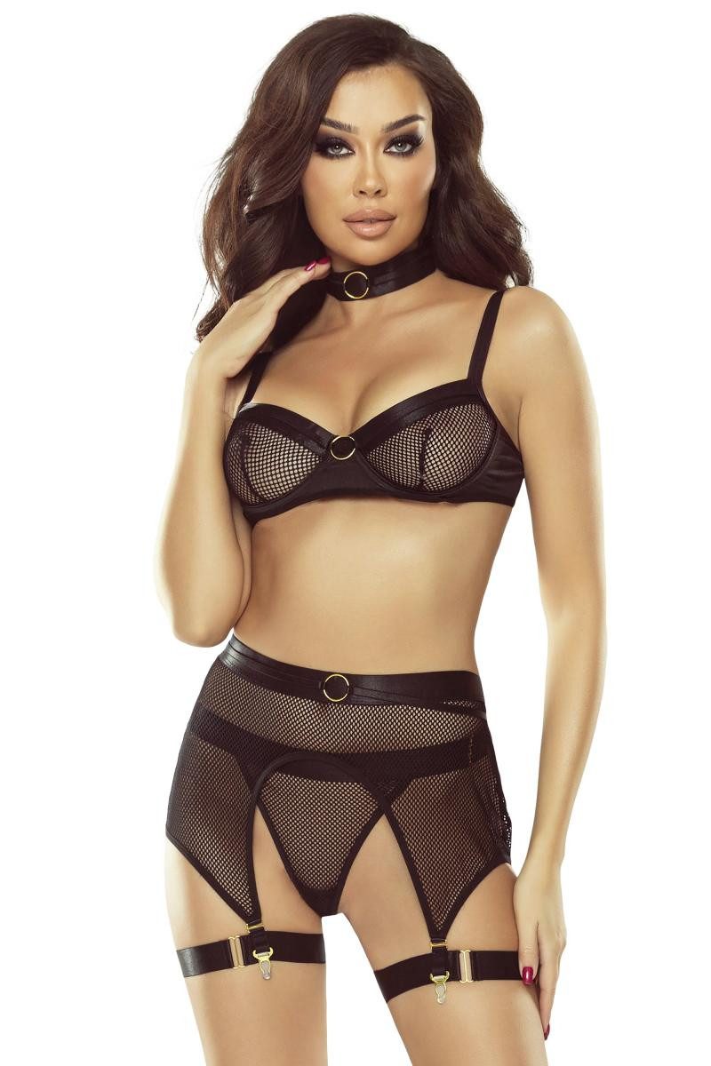 Provocative Set: Dekolleté-BH Schwarzes 6-teilges Damen Dessous Netz Set mit Gummibändern transparen