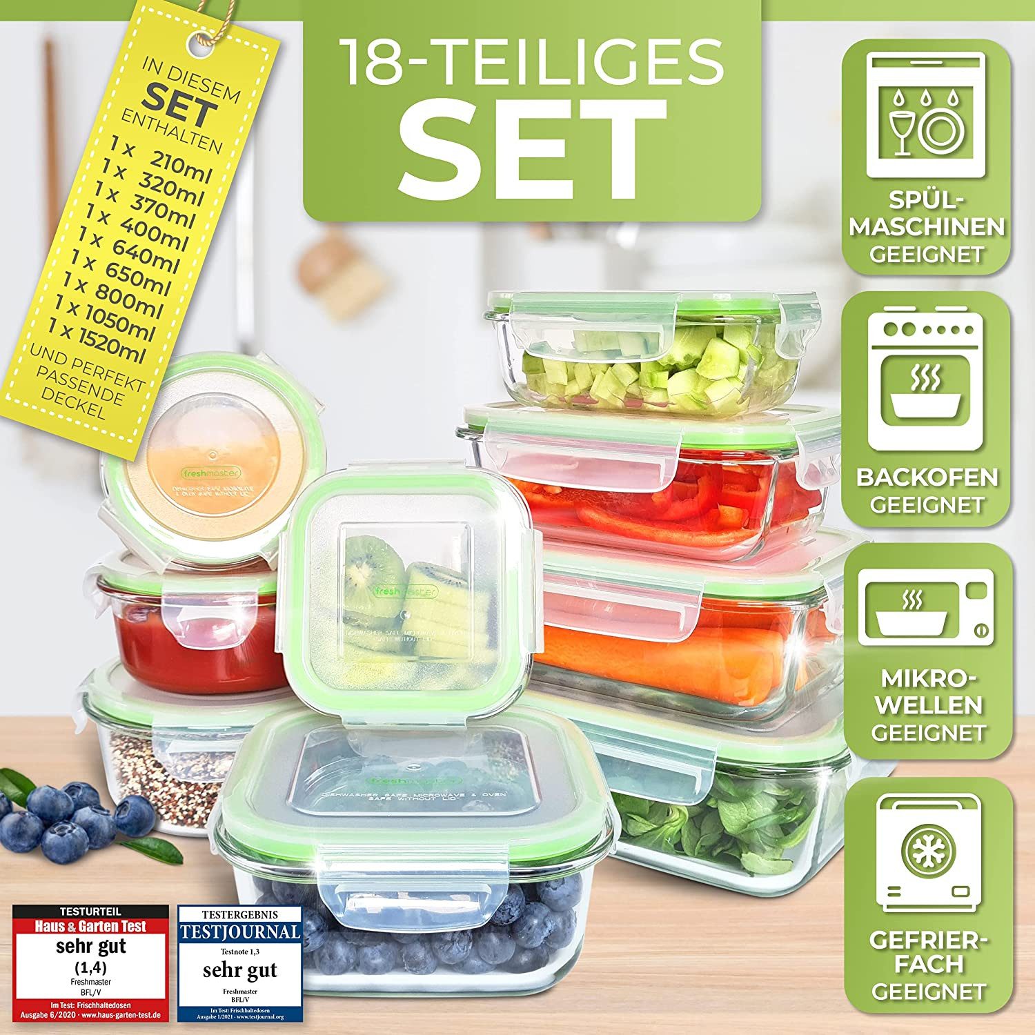 Fresh Master Frischhaltedose 18 tlg. Glas Vorratsdosen Set Frischhaltedosen auslaufsicher luftdicht, Borosililatglas, (Spar-Set, 18-tlg), 100% auslaufsichere + luftdichte Vorratsdosen mit Deckel