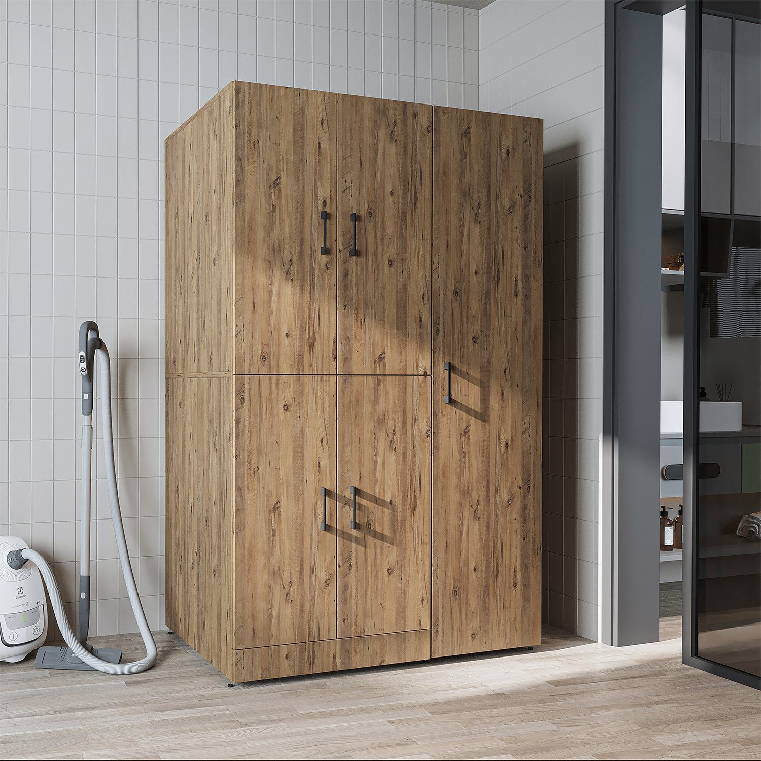 Roomart Waschmaschinenumbauschrank DORA 115 cm Waschmaschinenschrank + Hochschrank, 2 Höhen, in 5 Farben (für Waschmaschine & Trockner mit Regalboden, Waschmaschinenschrank mit Hochschrank – 2 Höhen, 2 Regalboden-Optionen) 130 kg Belastbarkeit, Hochschrank links/rechts, in 5 Farben, 2 Höhen