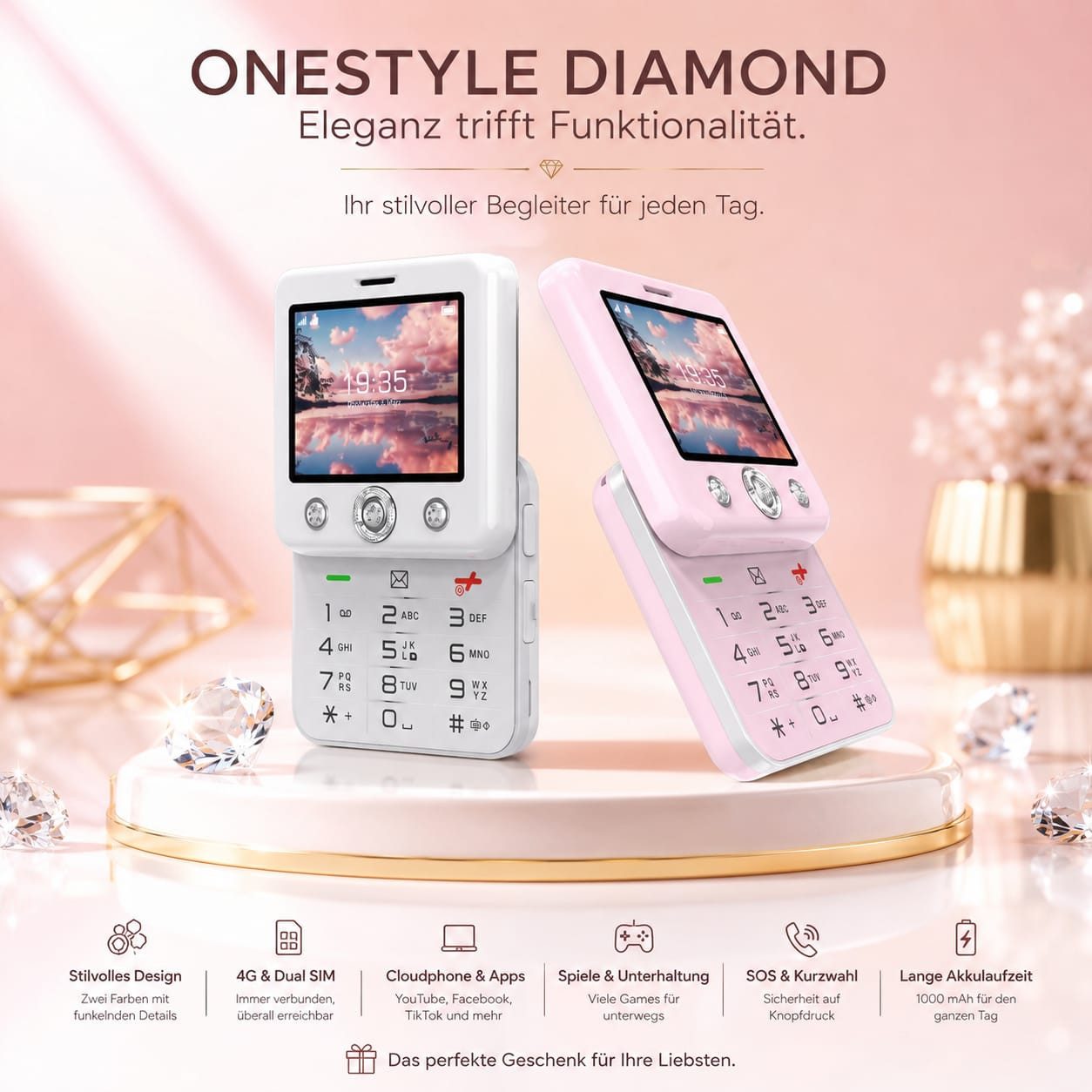 Onestyle Diamond Design-Mobiltelefon, Social-Media Funktionen, 4G, Dual-SIM Handy (Tik-Tok, Youtube, Facebook, Kamera)