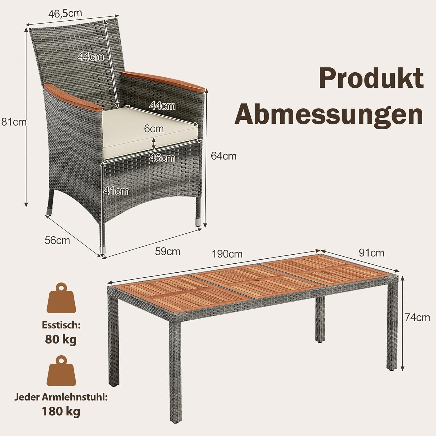 COSTWAY Garten-Essgruppe 9 TLG. Rattan, 8 Personen, Tisch & 8 Stühle, mit Kissen – Bild 5 von 5