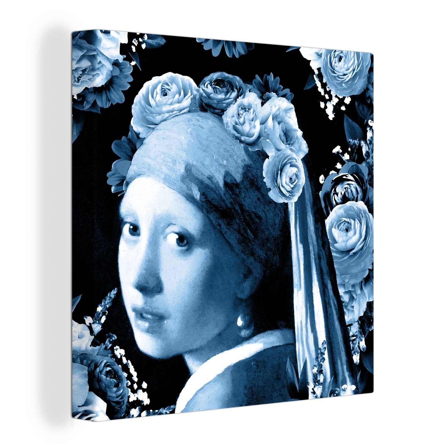 OneMillionCanvasses® Gemälde Mädchen mit einem Perlenohrring - Rosen - Blau, (1 St), Leinwand Bilder für Wohnzimmer Schlafzimmer