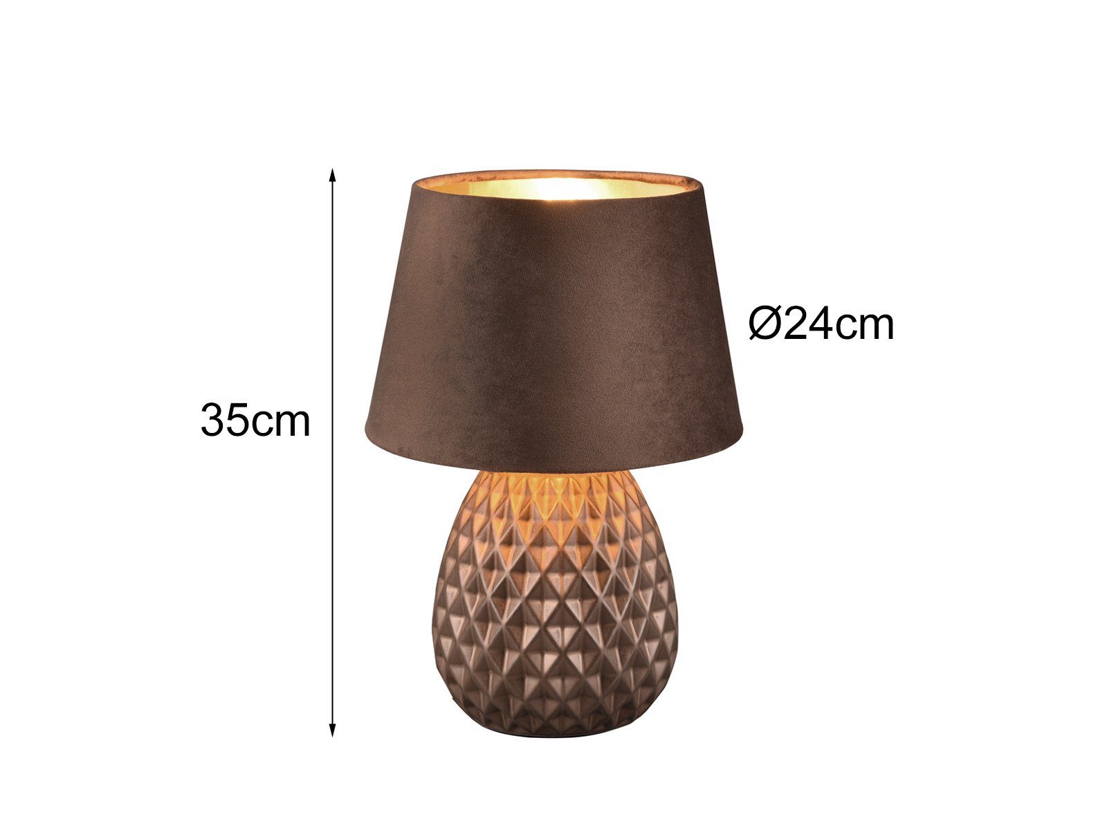 dimmbar Höhe Nachttischlampe, Keramikfuß Tischbeleuchtung warmweiß, 35cm LED Samt Lampenschirm meineWunschleuchte wechselbar, & Braun/Gold LED Gold