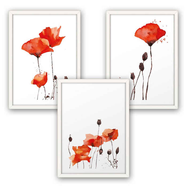 Poster, Mohnblume, Blüte, Blume, Aquarell, rot (Set, 3 St), 3-teiliges Poster-Set, Kunstdruck, Wandbild, optional mit Rahmen, wahlw. in DIN A4 / A3, 3-WP016