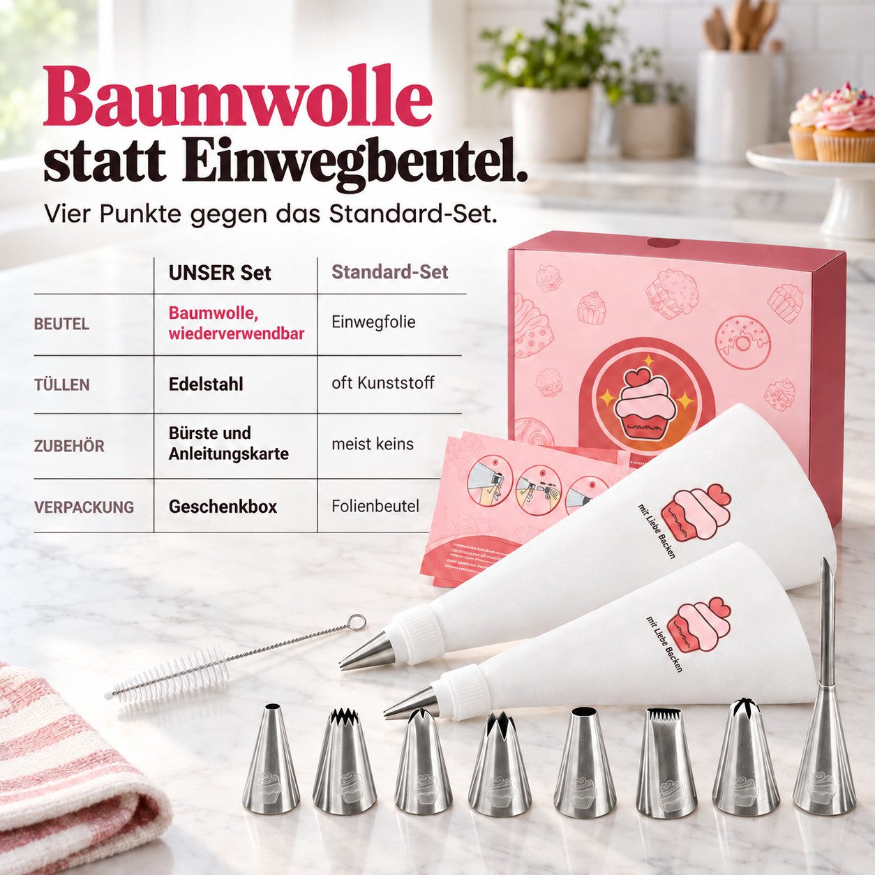 Onbest Spritzbeutel Set 14-tlg. Torten Kuchen Cupcakes Back Zubehör Set (12-tlg) Edelstahl Tülle, 2x Baumwolle Beutel, Geschenk Set fürs Backen – Bild 5 von 5