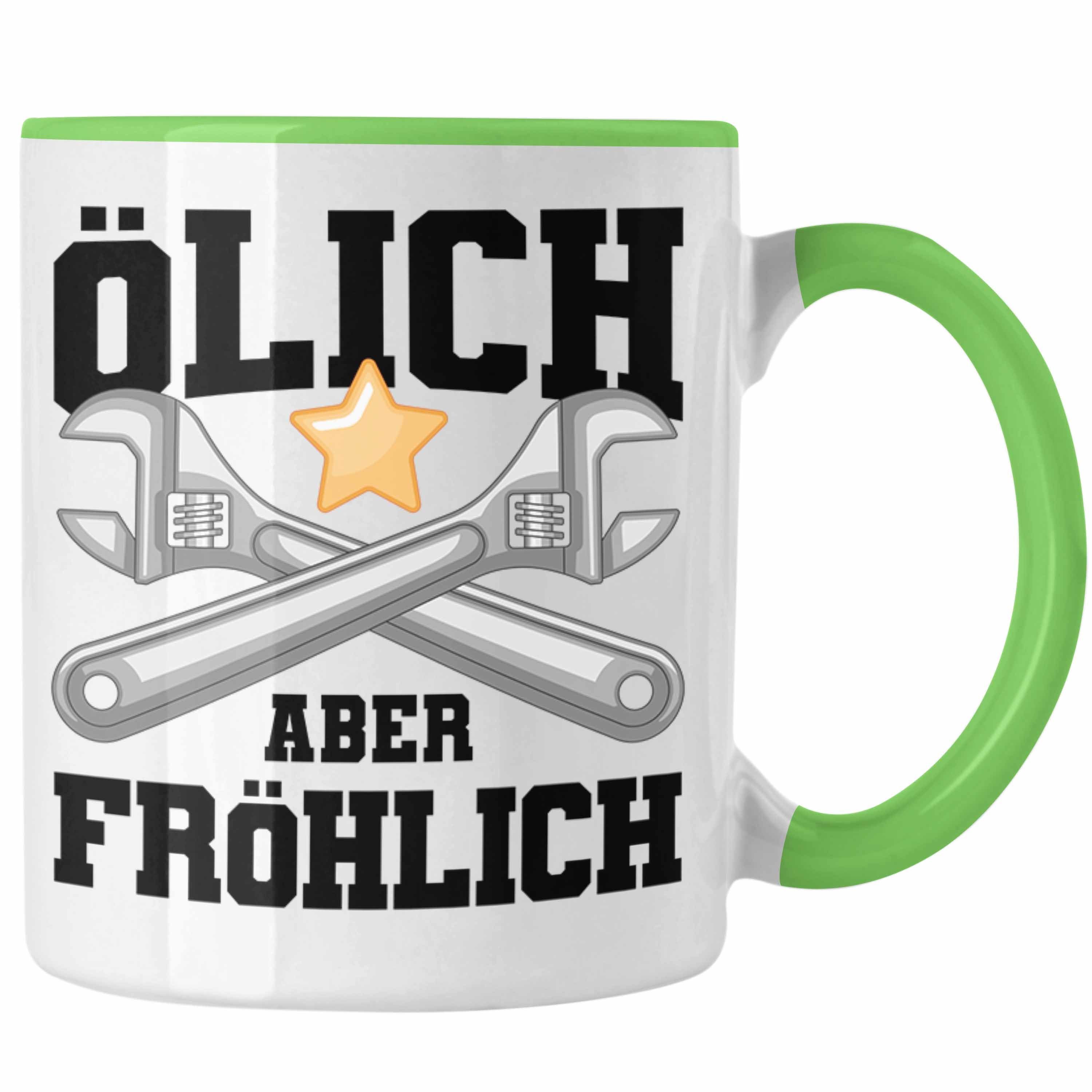 Trendation Tasse Trendation - Ölich Aber Fröhlich Tasse Geschenk KFZ Mechaniker Spruch Geschenkidee Geburtstag Männer Werkstatt Grün