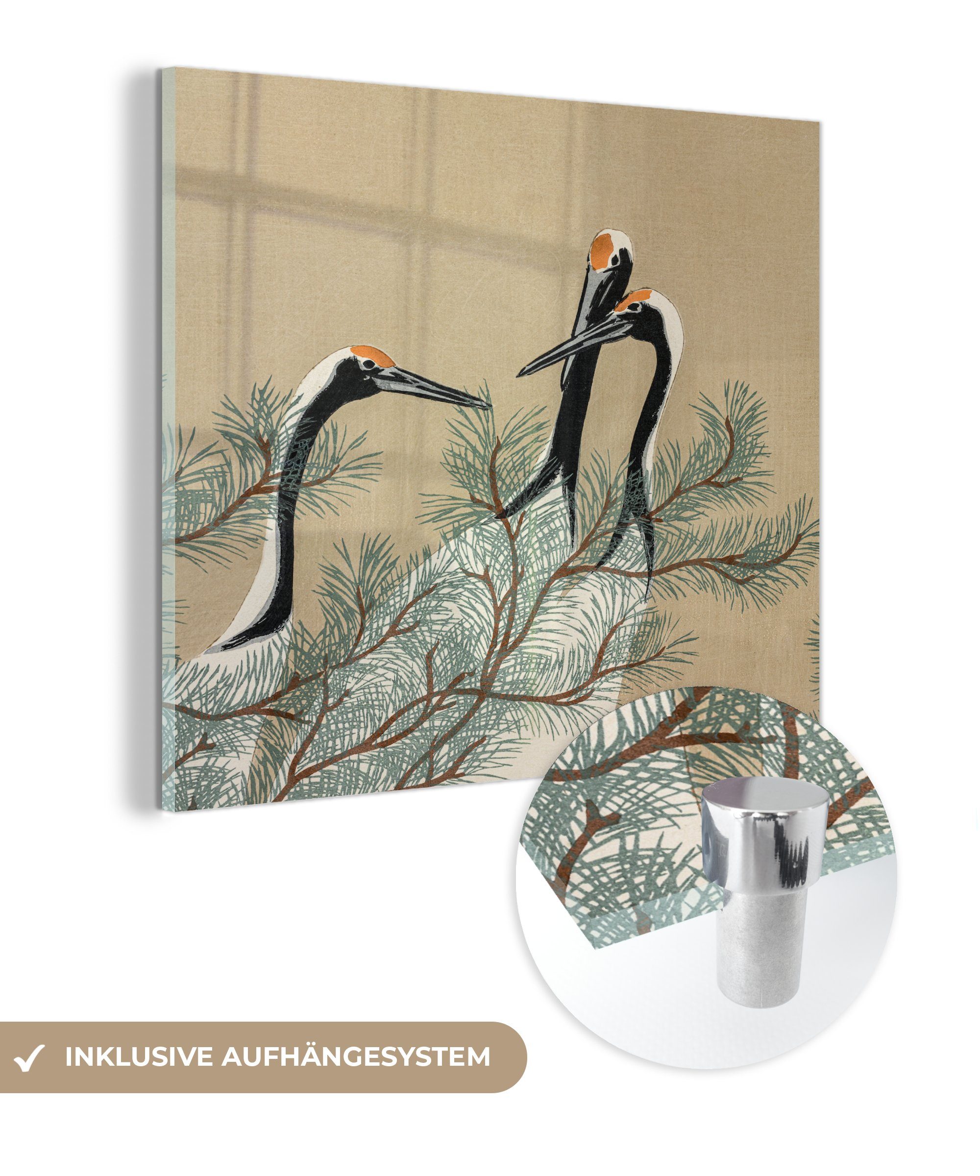 Acrylglasbild Bilder Kranich Glas - Blätter Glas Japanisch - Foto Vintage, - auf - auf Glasbilder Wanddekoration - - Wandbild MuchoWow (1 St),