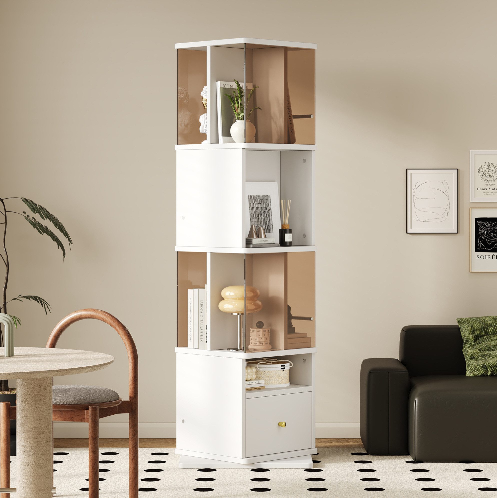 REDOM Standvitrine Moderner Vitrinenschrank mit 360° Drehfunktion,Kuriosekabinett (platzsparende Glasvitrine mit Schubladenführung und Goldgriffen, Glasvitrine)