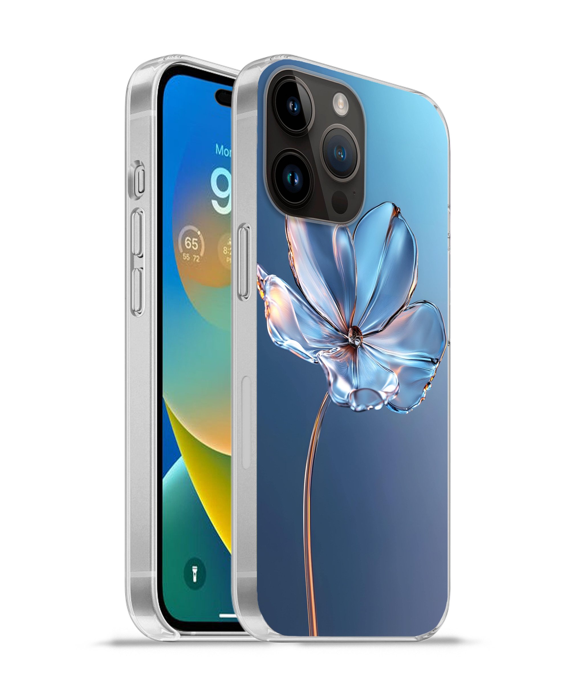 MuchoWow Handyhülle für Apple iPhone 14 Pro Blau - Blume - Gläser - Verziert, Smartphone-Bumper, Print, Handy Schutzhülle Dünn
