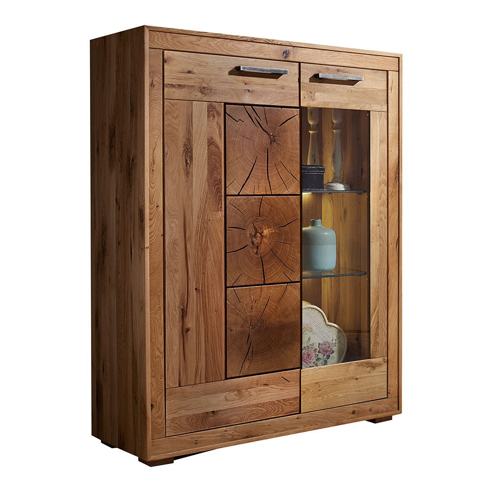Lomadox Highboard WINNIPEG-69, Vitrinenschrank 103cm, Eiche massiv geölt, Hirnholz-Details, montiert