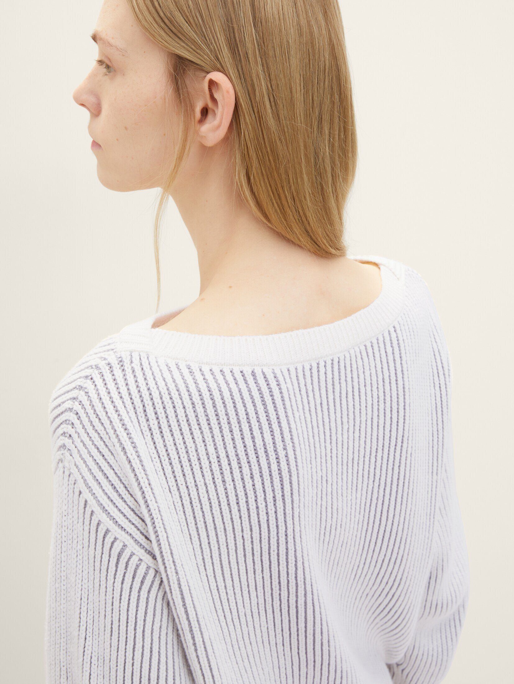 TAILOR grey structure Strickpullover mit TOM Strickpullover offwhite Ausschnitt U-Boot