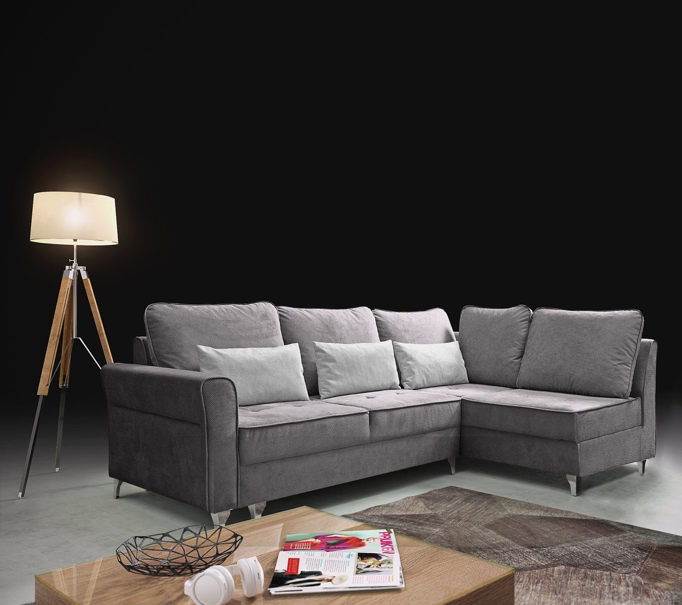 Beautysofa Polsterecke Hilton L, mane links oder rechts, mit Metallbeine, Velour Polsterecke, Eckcouch mit Schlaffunktion und Hocker grau (viton 200 + 199)