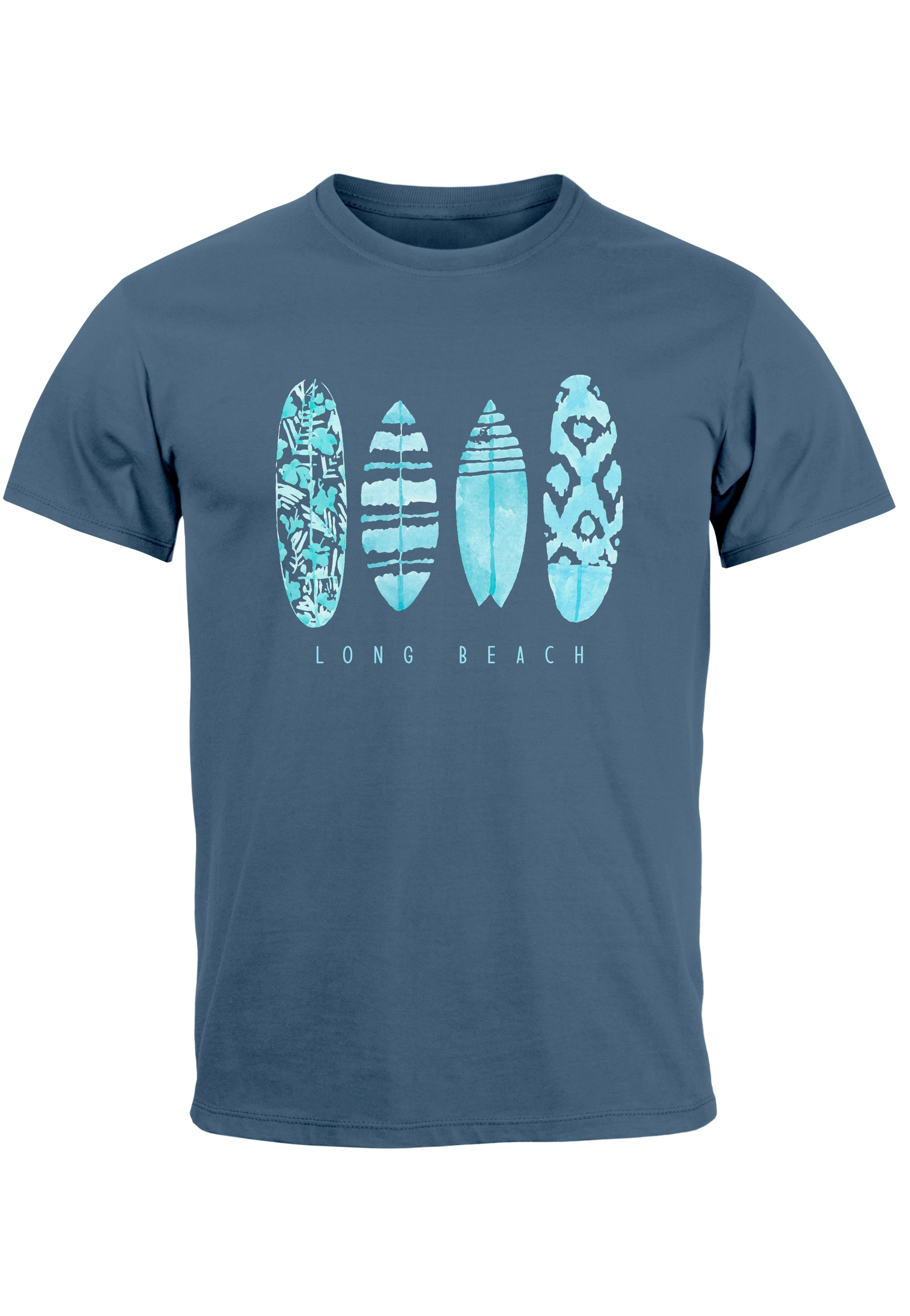 Neverless Print-Shirt Herren T-Shirt Surfing Fashion Aufdruck Long Beach Surfboard Sommer St mit Print blau türkis