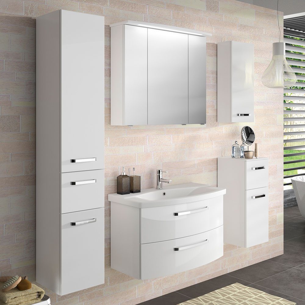 Lomadox Badmöbel-Set FES-4010-66, (Spar-Set, 5-St), weiß glänzend mit gerundetem Waschtisch und Soft-Close - 174x200x46cm