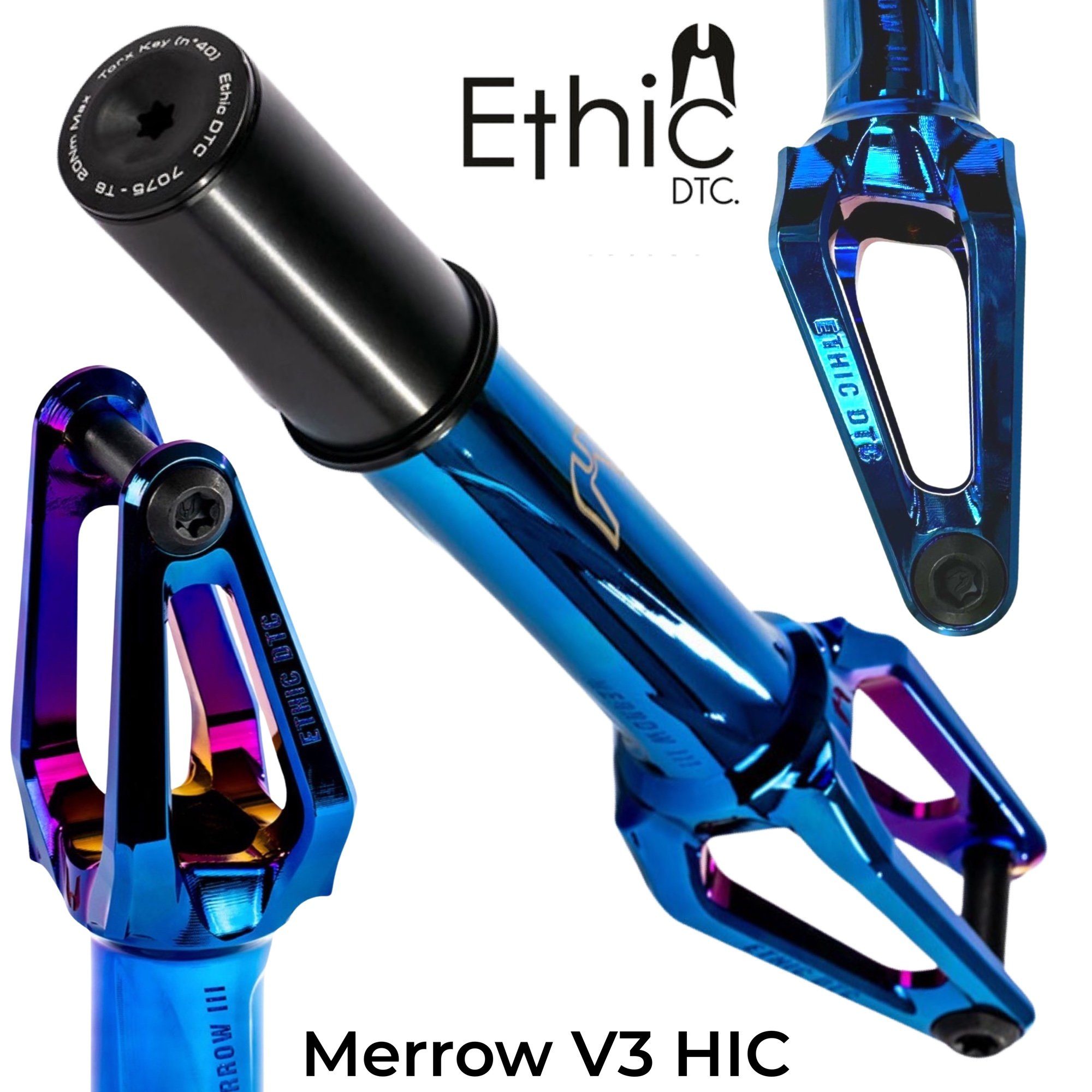 Stuntscooter Ethic DTC Merrow V3 8/12Std Stunt-Scooter Gabel HIC Chrome Blau