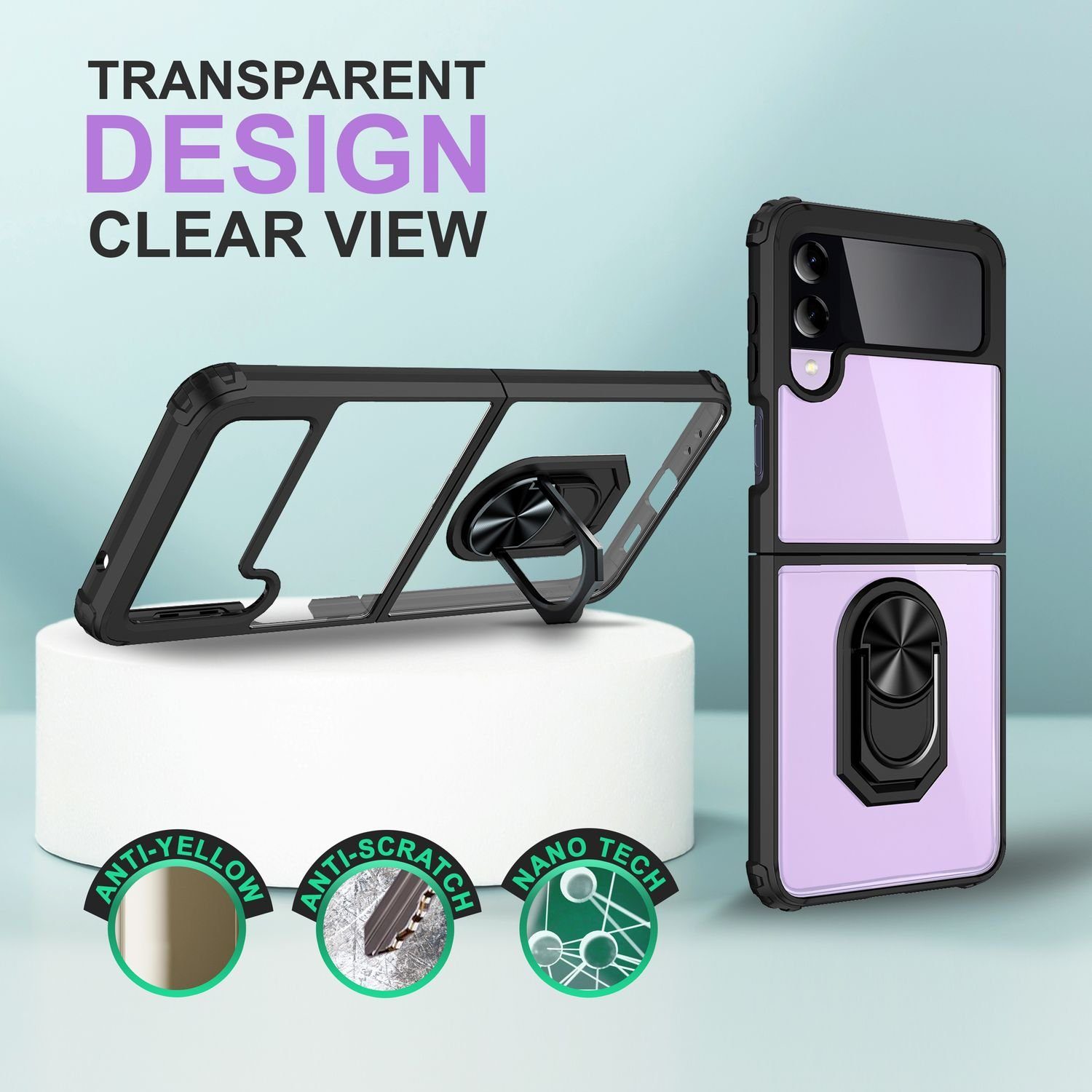 Nalia Smartphone-Hülle Samsung Galaxy Z Flip4 17 cm (6,7 Zoll), Klare Ring Hülle / Transparent mit Farbrahmen / 360 Grad Finger-Halter