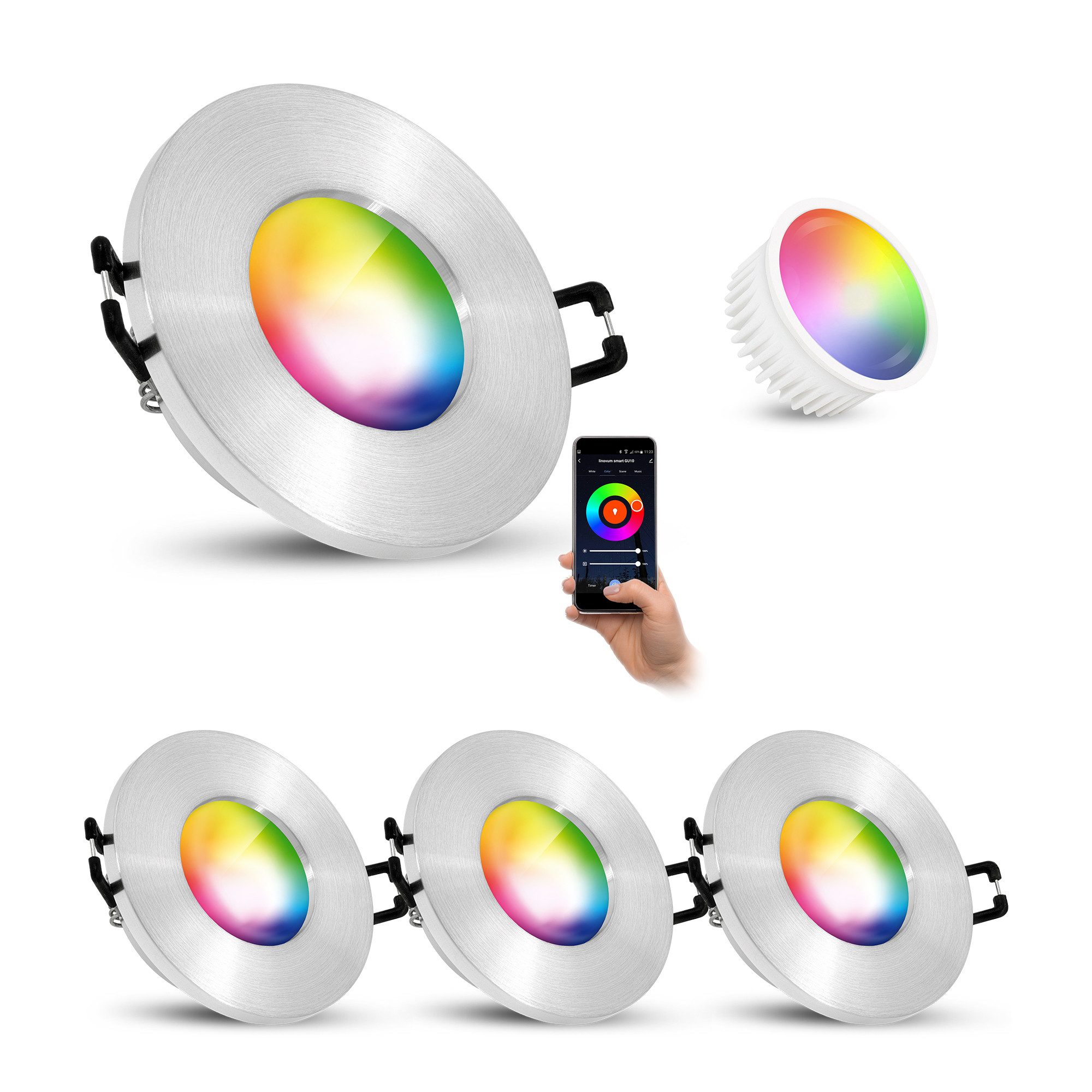linovum LED Außen-Deckenleuchte ISASO Einbauleuchte IP65 Bad Alu rund Smart Lampe 4W RGB CCT WLAN, Smart