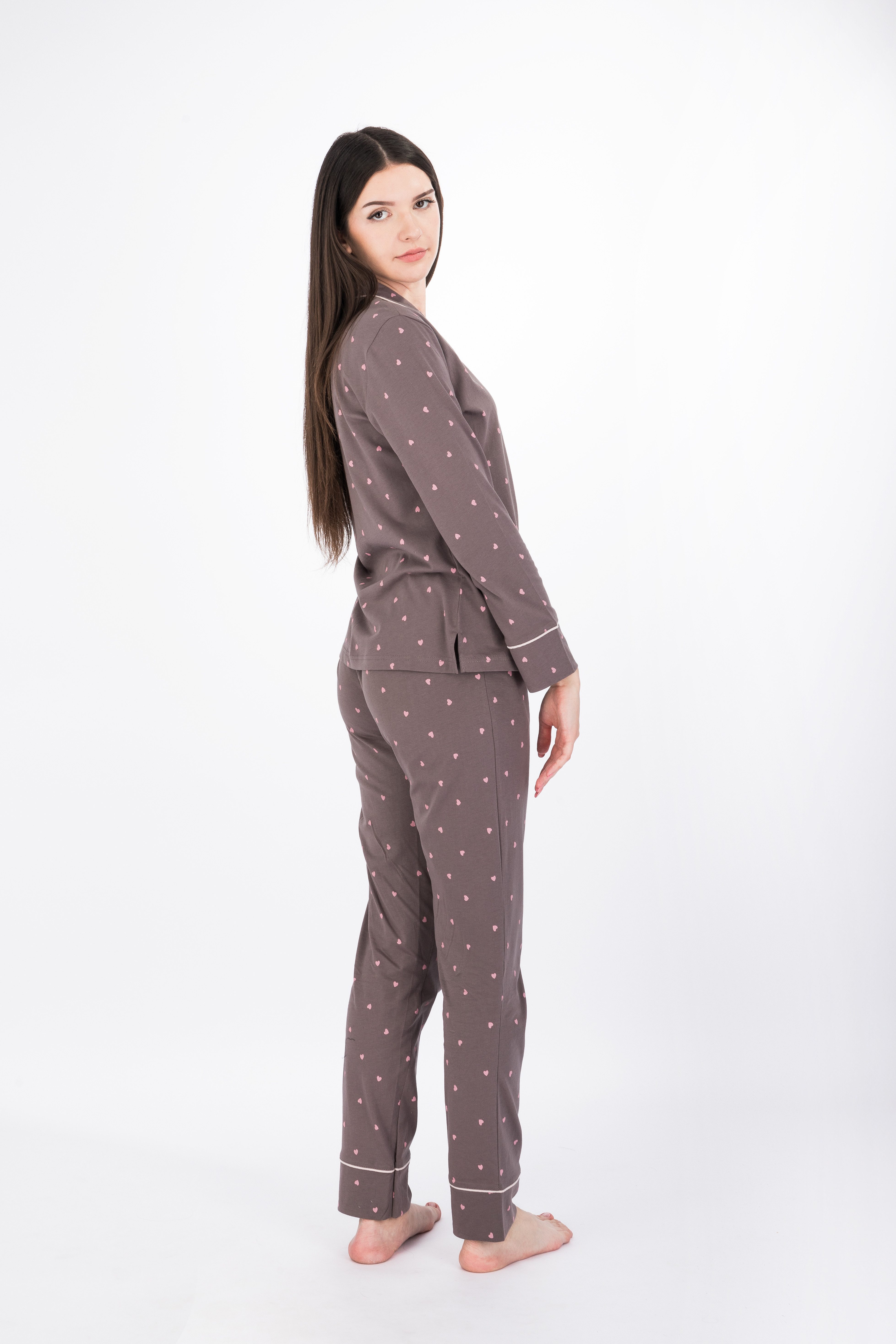 SNOOZE OFF Pyjama Schlafanzug in mauve mit rosa Herzen (2 tlg., 1 Stück) und Kontrastpaspeldetails – Bild 5 von 5