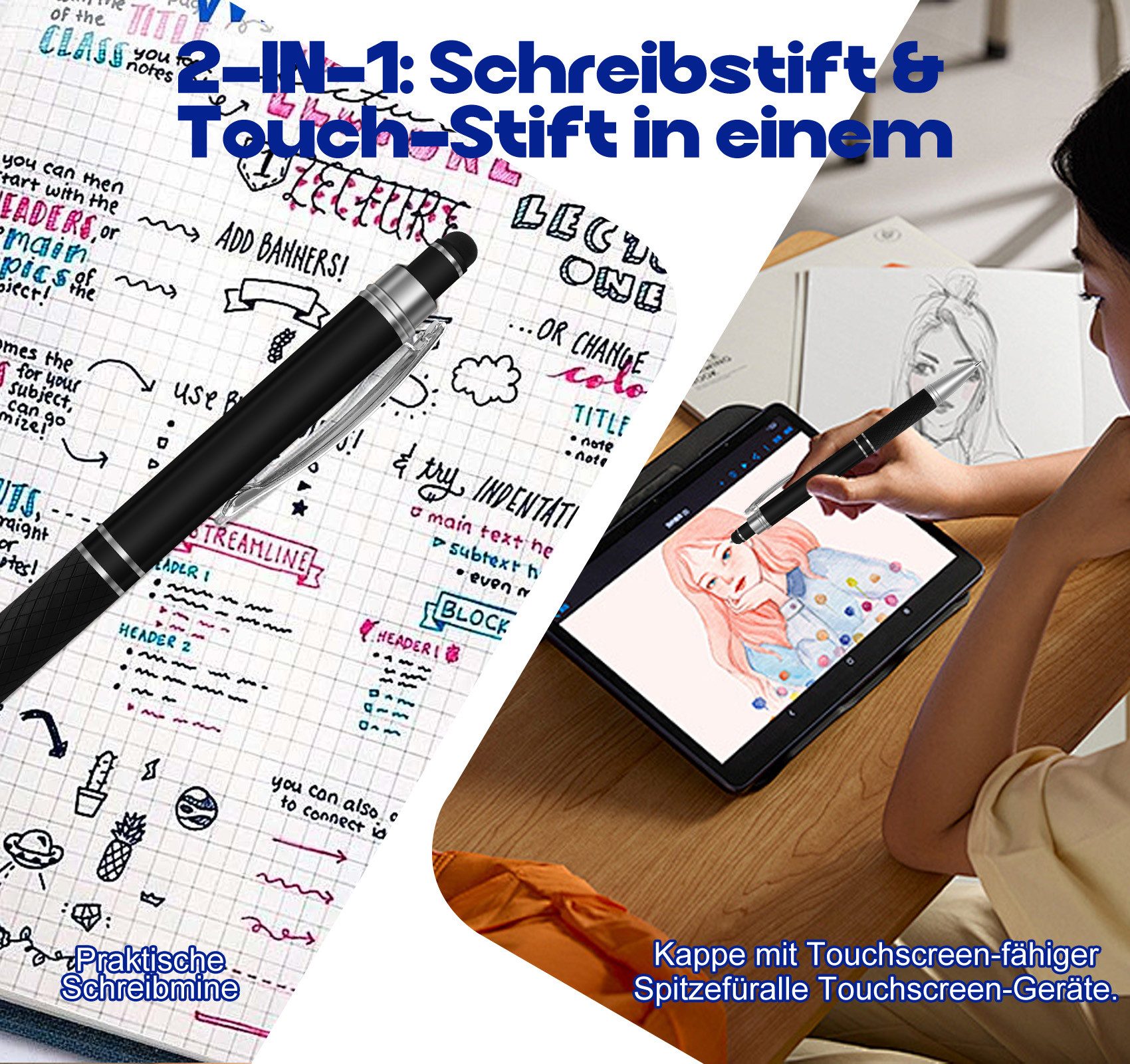 lindahandel Kugelschreiber 2-in-1 Kugelschreiber mit Touchscreen Stift, blaue Mine, (100-tlg), Kugelschreiber für Smartphone & Tablet, Büro & Schule