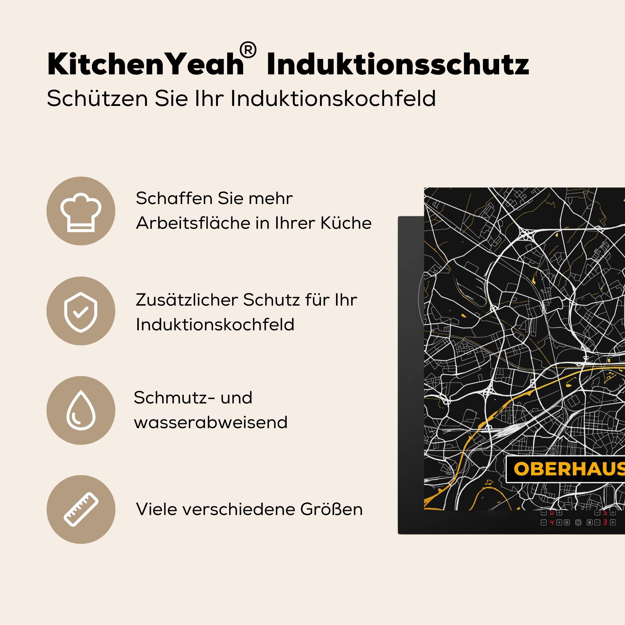 Arbeitsplatte Oberhausen für 78x78 - MuchoWow - - Herdblende-/Abdeckplatte Gold (1 Ceranfeldabdeckung, küche Vinyl, tlg), Stadtplan Deutschland, Karte cm, -