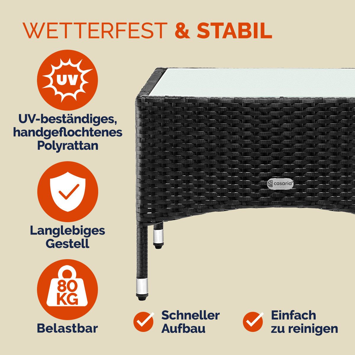 Casaria Beistelltisch, Polyrattan 58x58x42cm Höhenverstellbar 5mm Glasplatte Wetterfest
