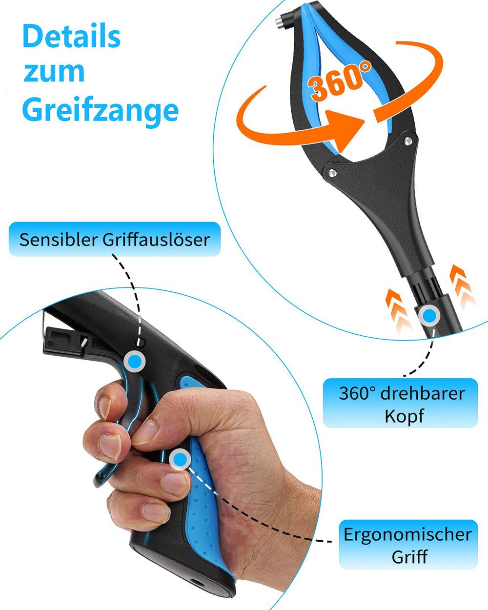 FOUORTUNATE-BEE Greifzange Greifzange Müllgreifer Müllzange faltbare Greifhilfe MüllSammler, faltbare Greifer für Senioren Kinder, Abfallgreifer mit Magnetspitzen, 360° Drehkopf, Rutschfeste Silikonklauen für sicheren Halt, für den Innen- und Außenbereich geeignet