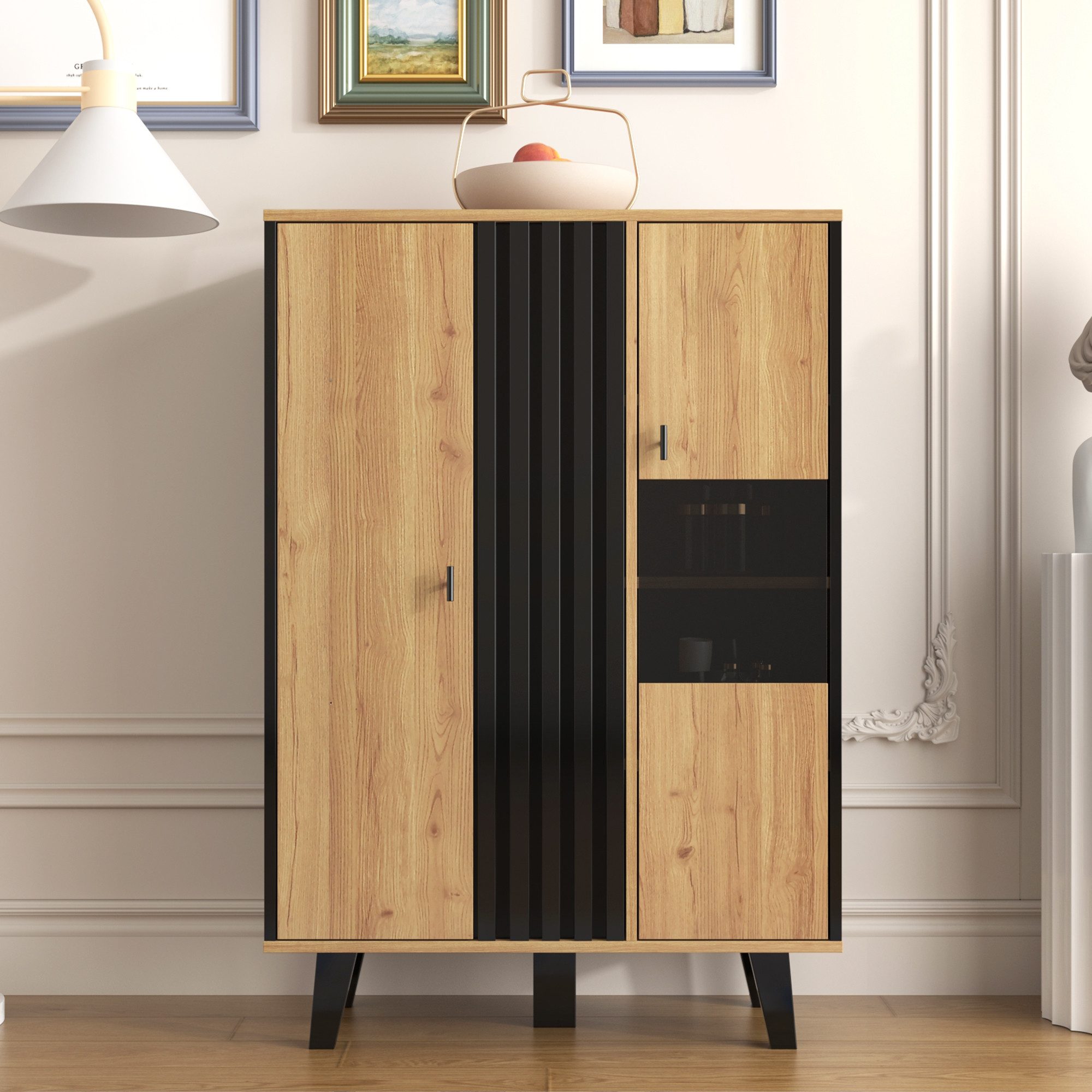 OKWISH Highboard Vitrine mit LED-Beleuchtung & Glastüren in Holz/Schwarz (Packung, 80x120x40 cm, mit 8 übersichtlichen Präsentationsfächern), Für die ansprechende Inszenierung Ihrer Sammlerstücke