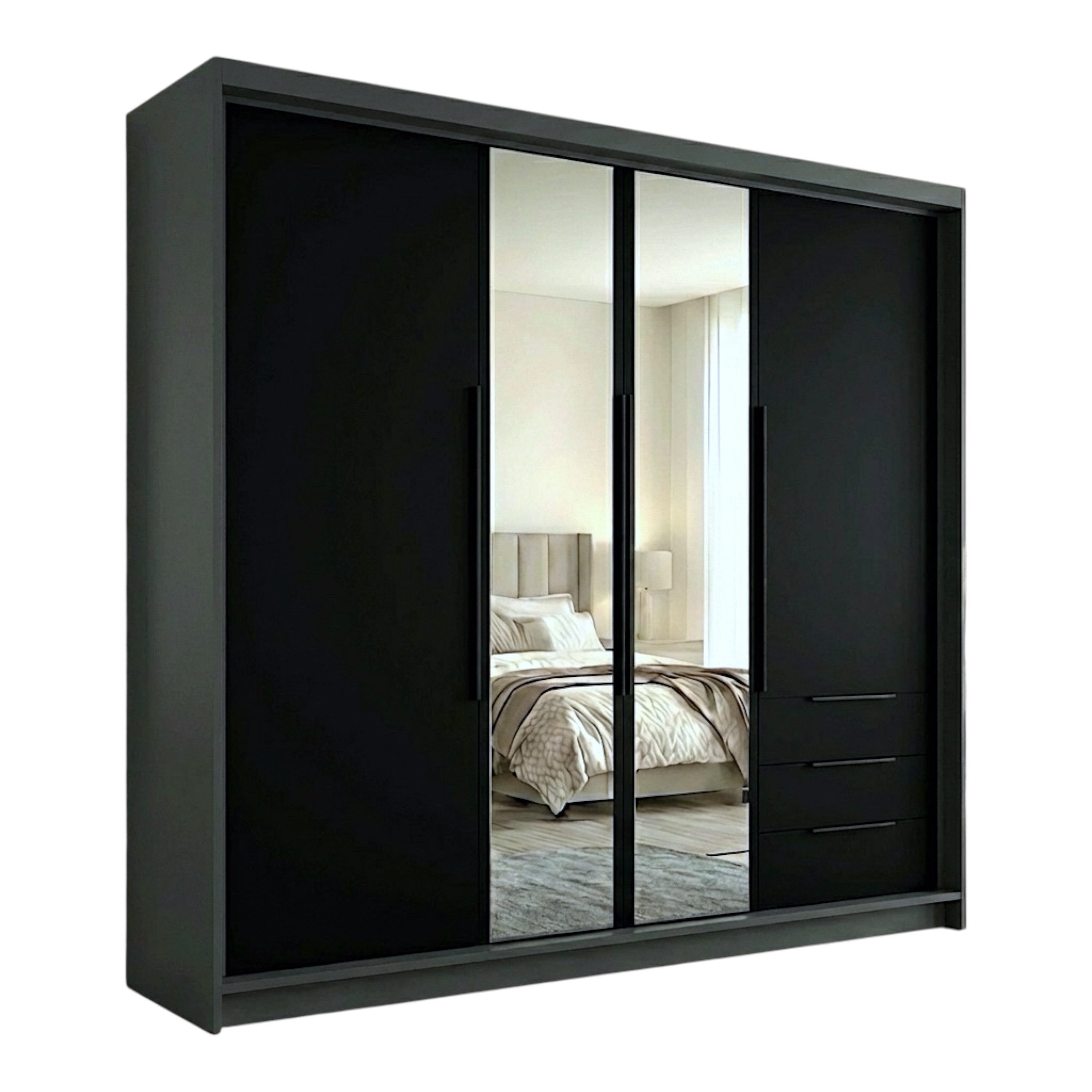 A&J MöbelLand GmbH Drehtürenschrank viertüriger Kleiderschrank mit Schubladen und Metallgriffen. (Geräumiger vier¬türiger Kleiderschrank mit Schubladen und Metallgriffen. Geräumiger Schrank mit einer Breite von 200 cm und Schubladen, ideal zur Aufbewahrun