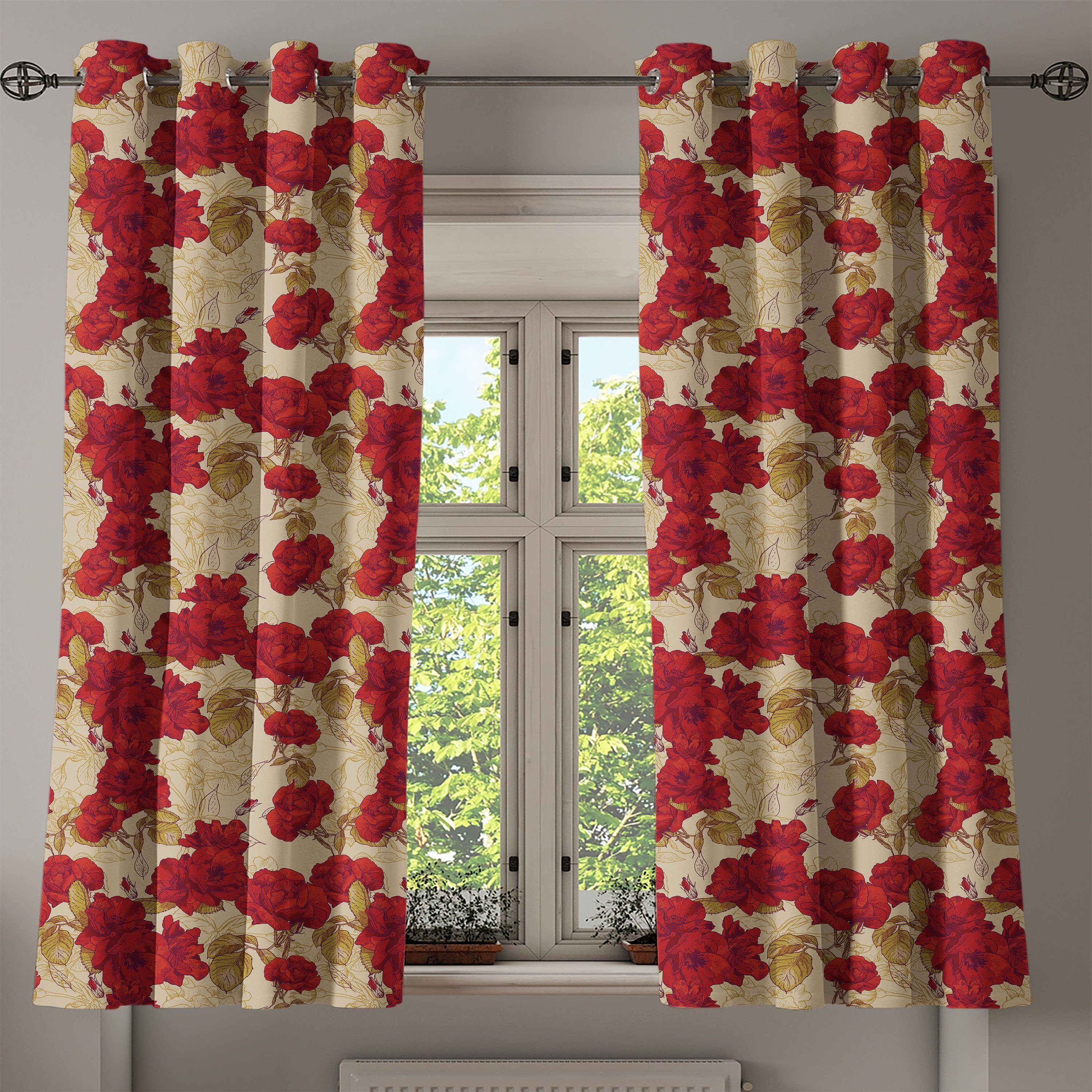 Jahrgang Gardine für Wohnzimmer, Romantische Rote Dekorative Abakuhaus, Schlafzimmer 2-Panel-Fenstervorhänge Rosen