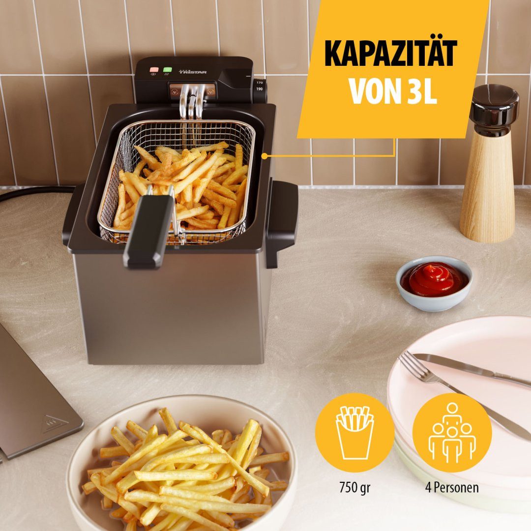 Tristar Fritteuse FR-9326, 2000 W, Edelstahl-Gehäuse, 3L, 190°C, Kaltzone, Cool-Touch-Gehäuse