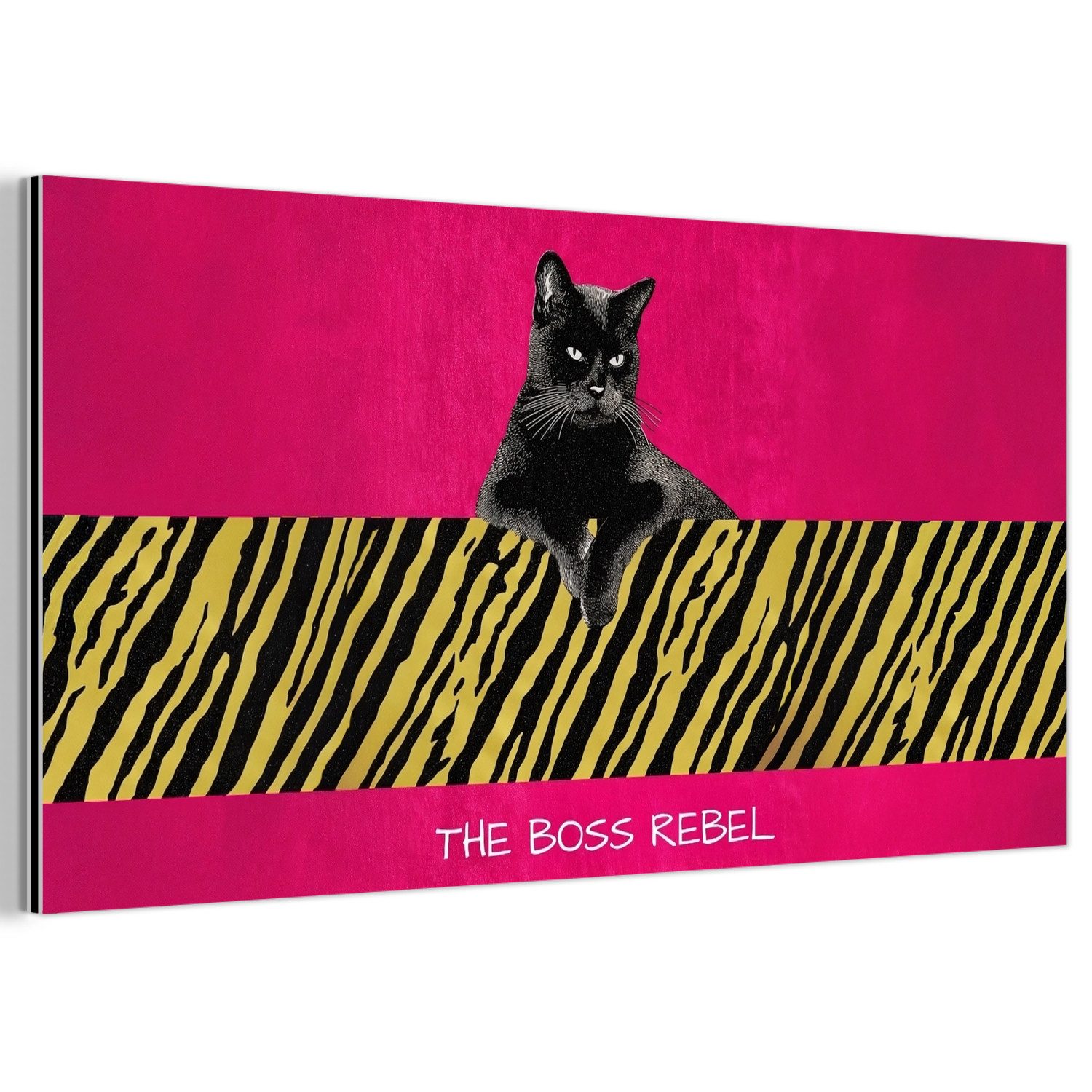 MuchoWow Metallbild Katze - Boss - Rosa - Tigerdruck, Inkl. Aufhängung, Metallbild, Aluminium dekoration, Wandbild Industriell, 120x60 cm