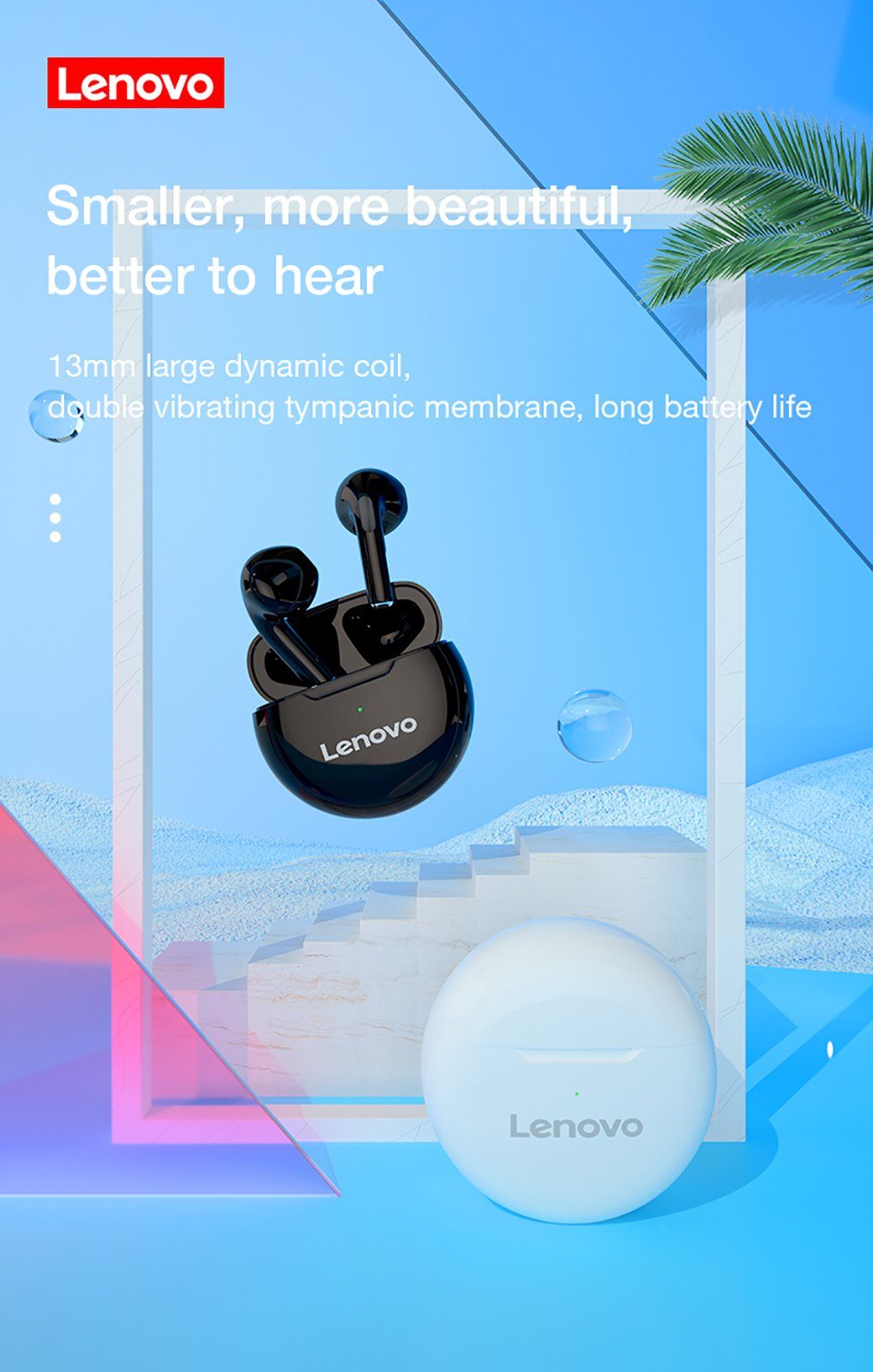 Lenovo HT38 mit mit - Schwarz) Wireless, Touch-Steuerung Bluetooth-Kopfhörer (True kabellos, Stereo-Ohrhörer 250 5.0, Google Siri, Assistant, Bluetooth mAh Kopfhörer-Ladehülle