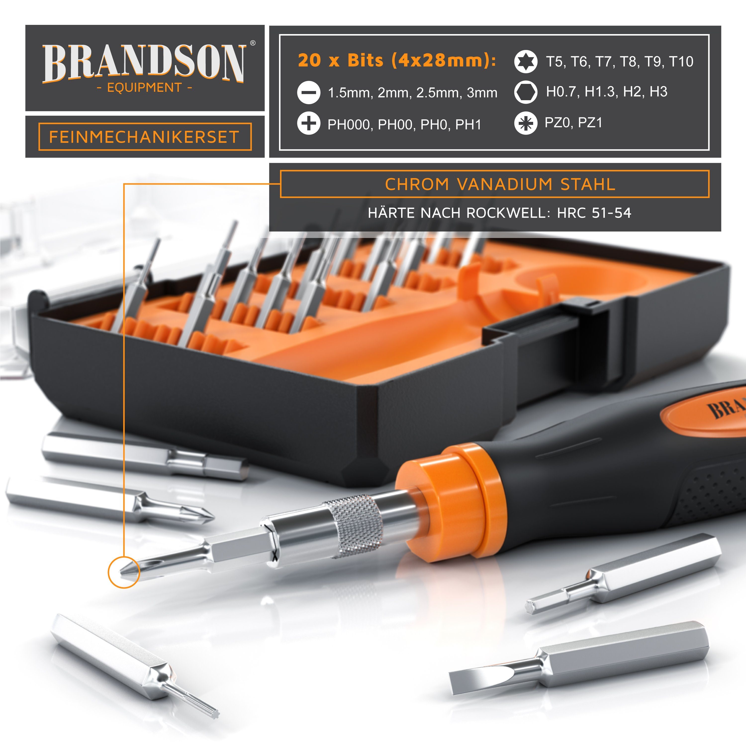 Brandson Bit-Schraubendreher Set 21-teilig, Minibits 4 mm, Schlitz, Kreuzschlitz, Sechskant, Torx, Innensechskant, Schraubenzieher Satz, Steckschlüssel, Feinmechaniker