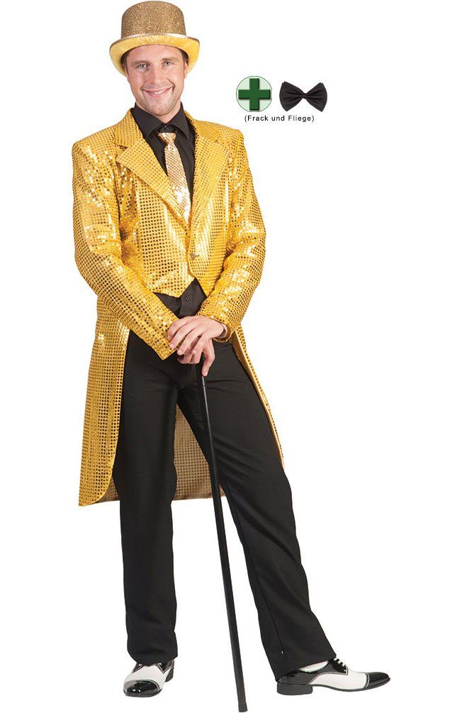 Karneval-Klamotten Kostüm Frack Pailletten Herren gold mit Fliege schwarz, Pailletten Herrenfrack für Silvester, Karneval, Party's, Zirkus, Show