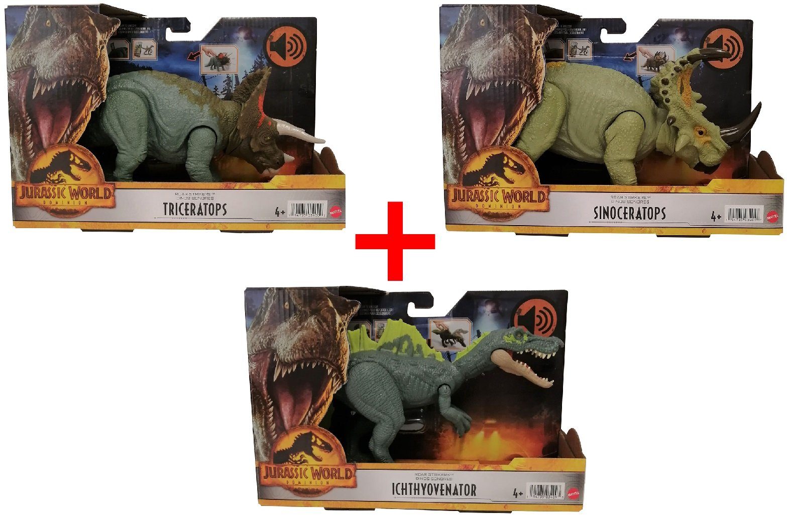 Mattel® Actionfigur Mattel 3er-Set Jurassic World Dominion HDX40 Triceratops, HDX43 Sinoce, (3er-Set Jurassic World Dominion mit DNA Scankarten + Sound)