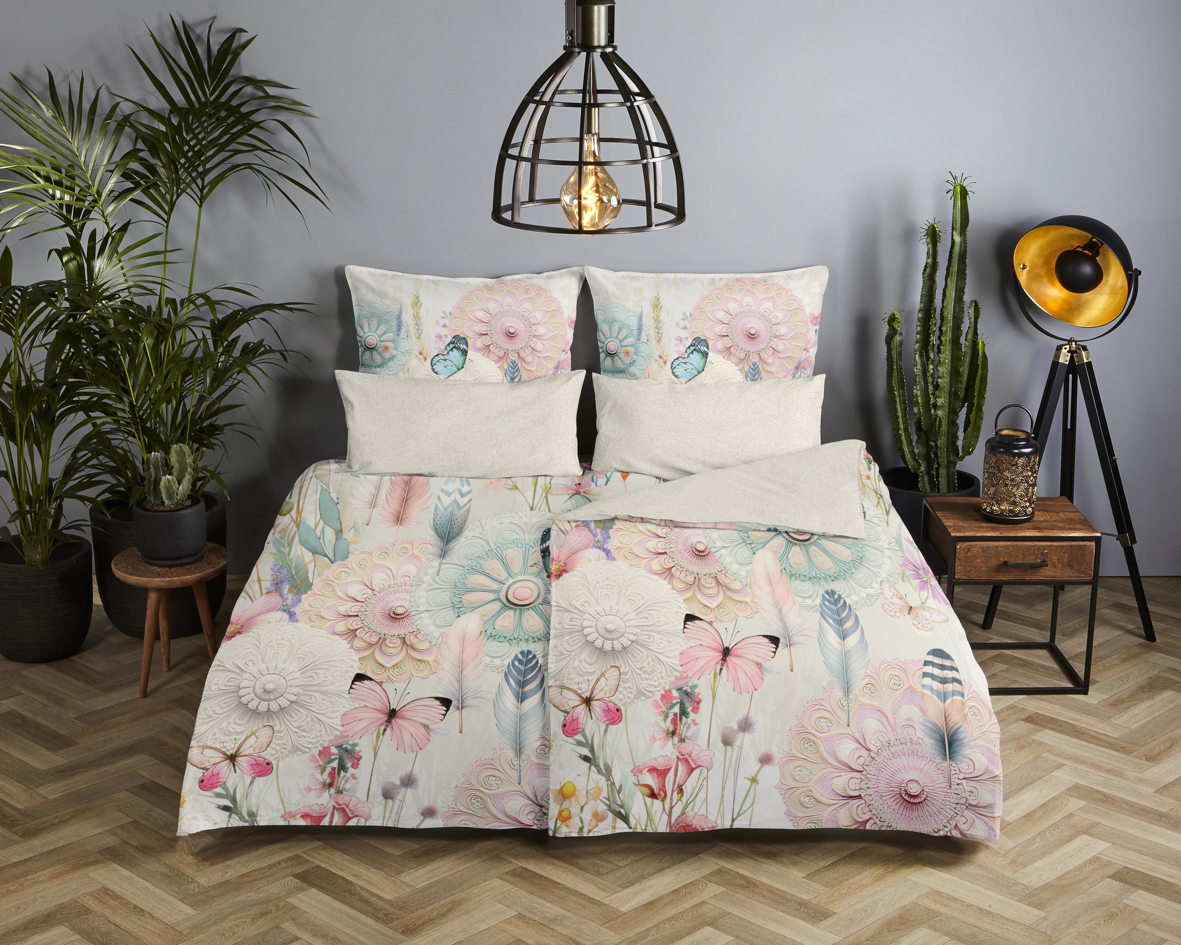 hip Wendebettwäsche Maysa, Mako-Satin, Renforcé, Satin, 2 teilig, Satin, Reißverschluss, Wendeoptik, Mandala, Blume, Boho, Cremeweiß