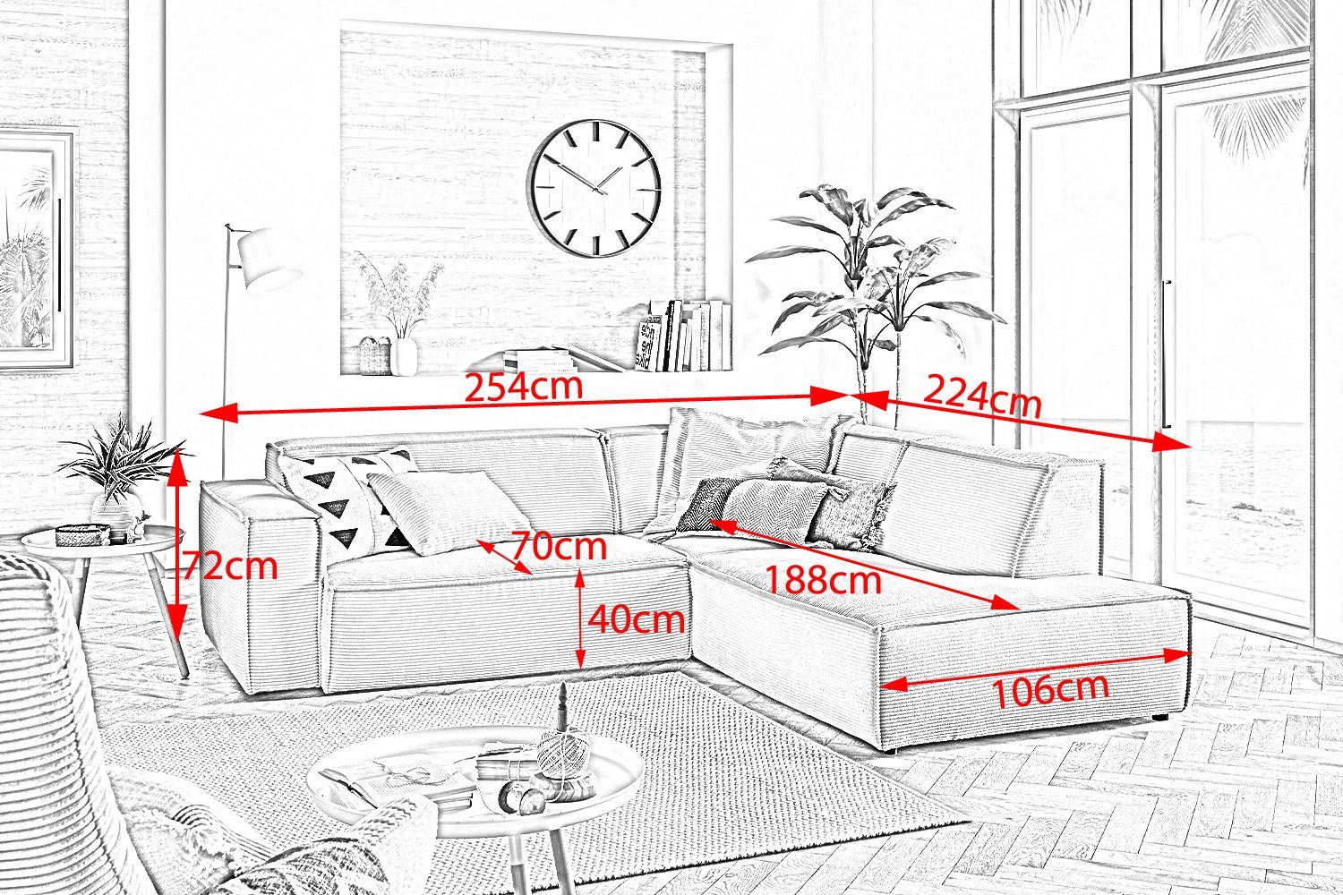 KAWOLA Ecksofa SAMU, Sofa Farben od. Recamiere rost versch. rechts links, Cord