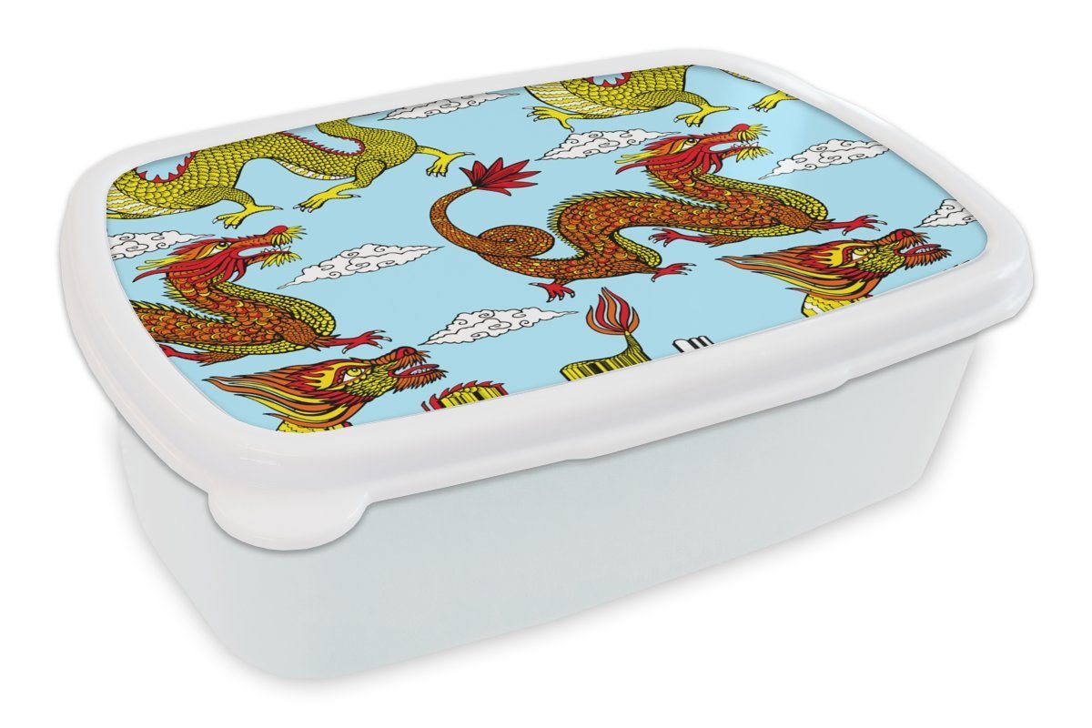 MuchoWow Lunchbox Drache - Chinesisch - Muster, Kunststoff, (2-tlg), Brotbox für Kinder und Erwachsene, Brotdose, für Jungs und Mädchen weiß