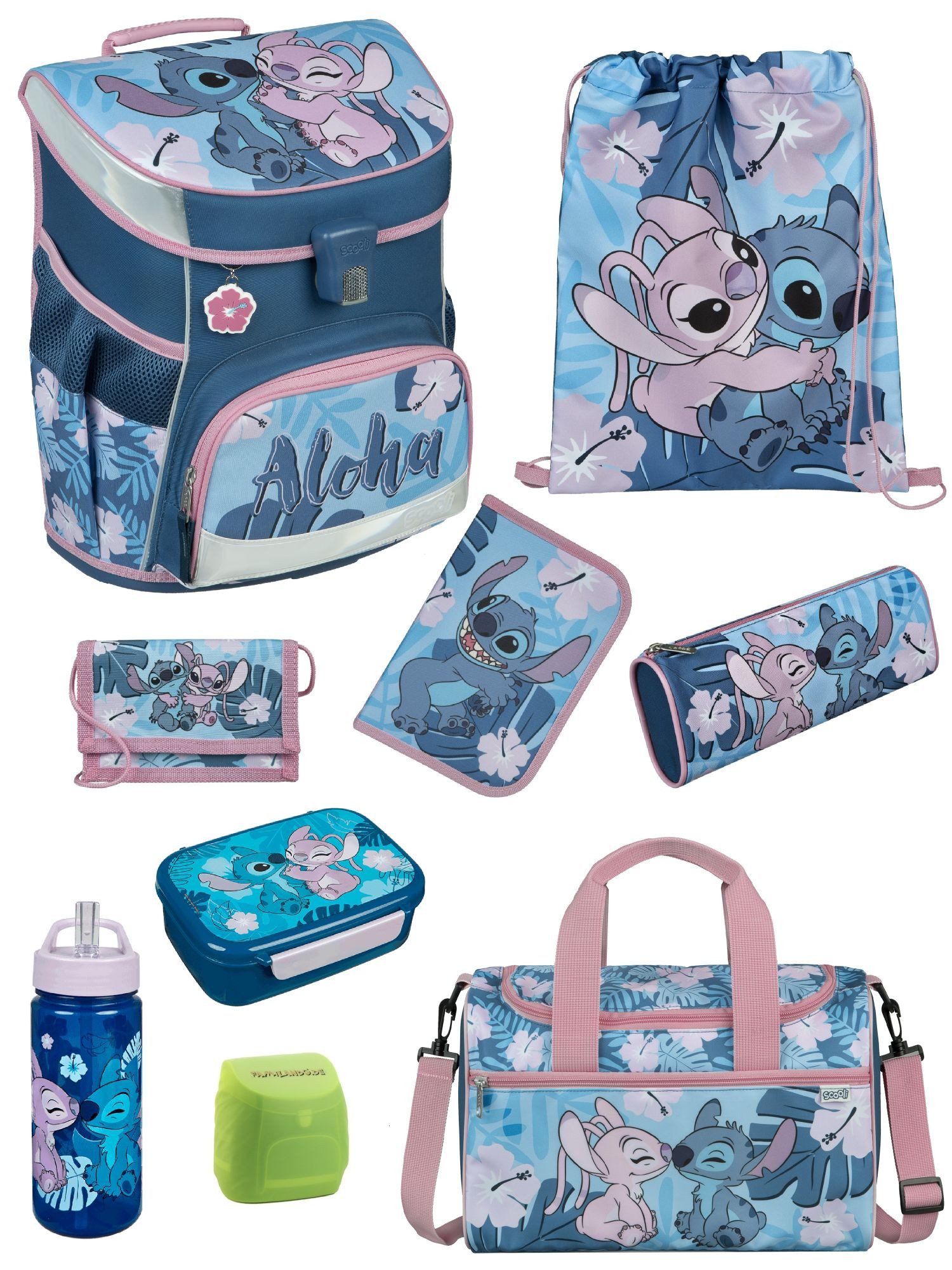 Scooli Schulranzen Campus Fit Stitch, hellblau rosa, Schultaschen Set für 1. Klasse (Erweitertes Set, 9-tlg., mit Lunch-Set und Sporttasche), leicht, kompakt, robust