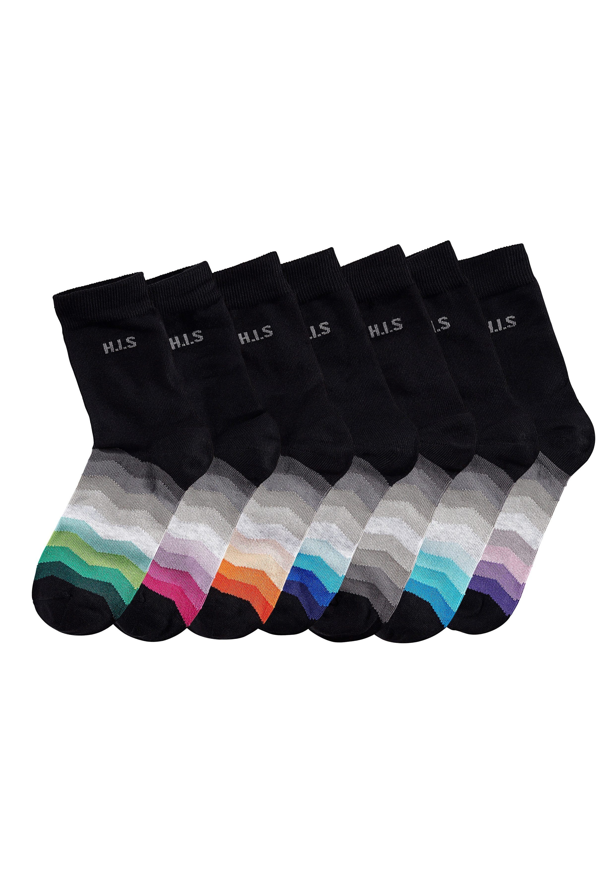 H.I.S Basicsocken Bunte Damen Baumwolll Socken, Atmungsaktiv & Bequem (Packung, 7-Paar, Gr. 31-34 bis Gr. 39-42) mit schwarzem Schaft