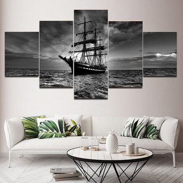 TPFLiving Kunstdruck (OHNE RAHMEN) Poster - Leinwand - Wandbild, 5 teiliges Wandbild - Segelschiff auf hoher See (Leinwandbild XXL), Farben: Schwarz, Weiß - Größe: 10X15 10X20 10X25cm